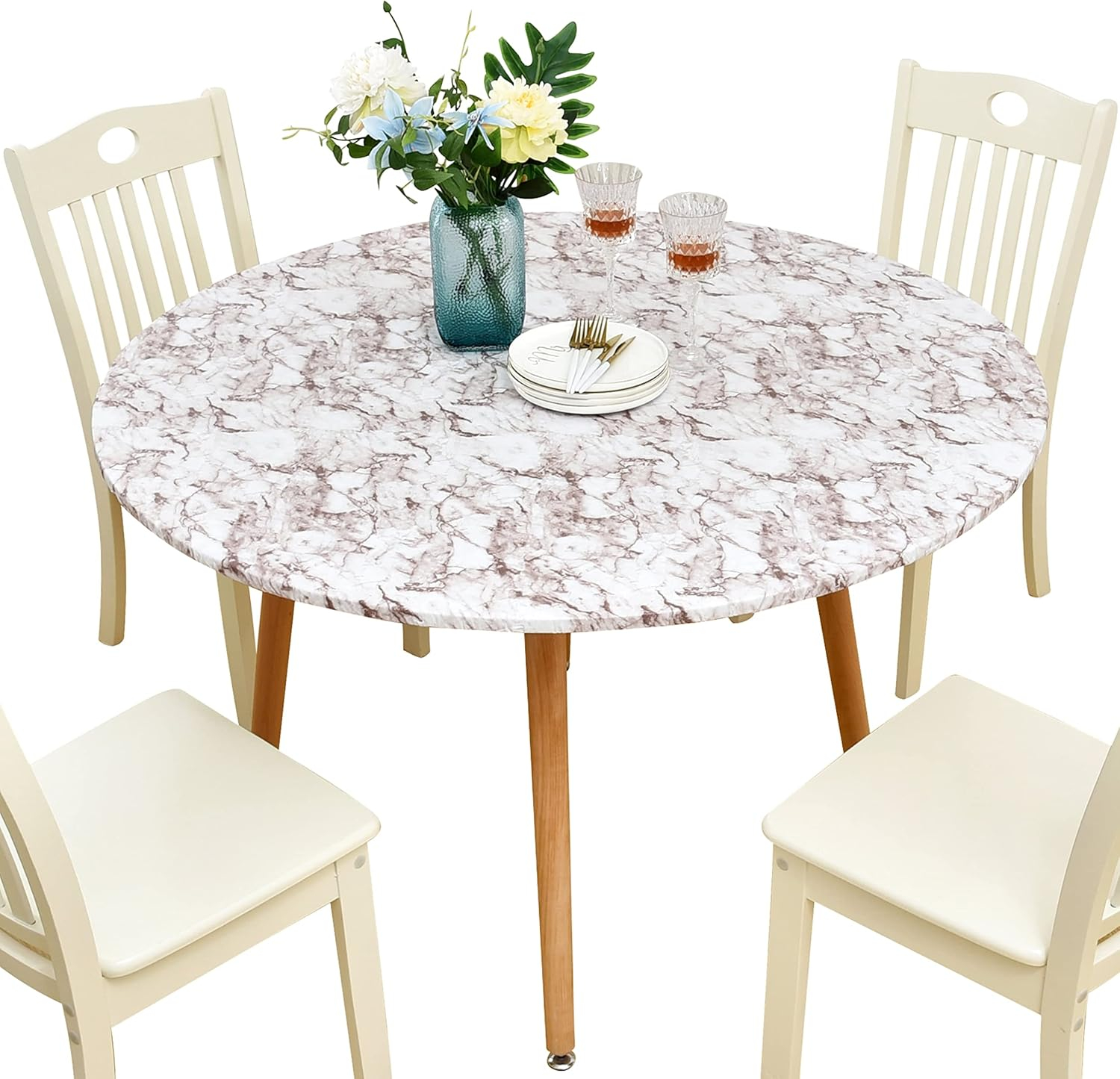 Rally Home Goods Indoor Outdoor Patio Round Fitted Vinyl Tablecloth, Flannel Backing, Elastic Edge, Waterproof Wipeable Plastic Cover, Beige Marble Pattern for 5-Seat Table of 36-42’’ Diameter