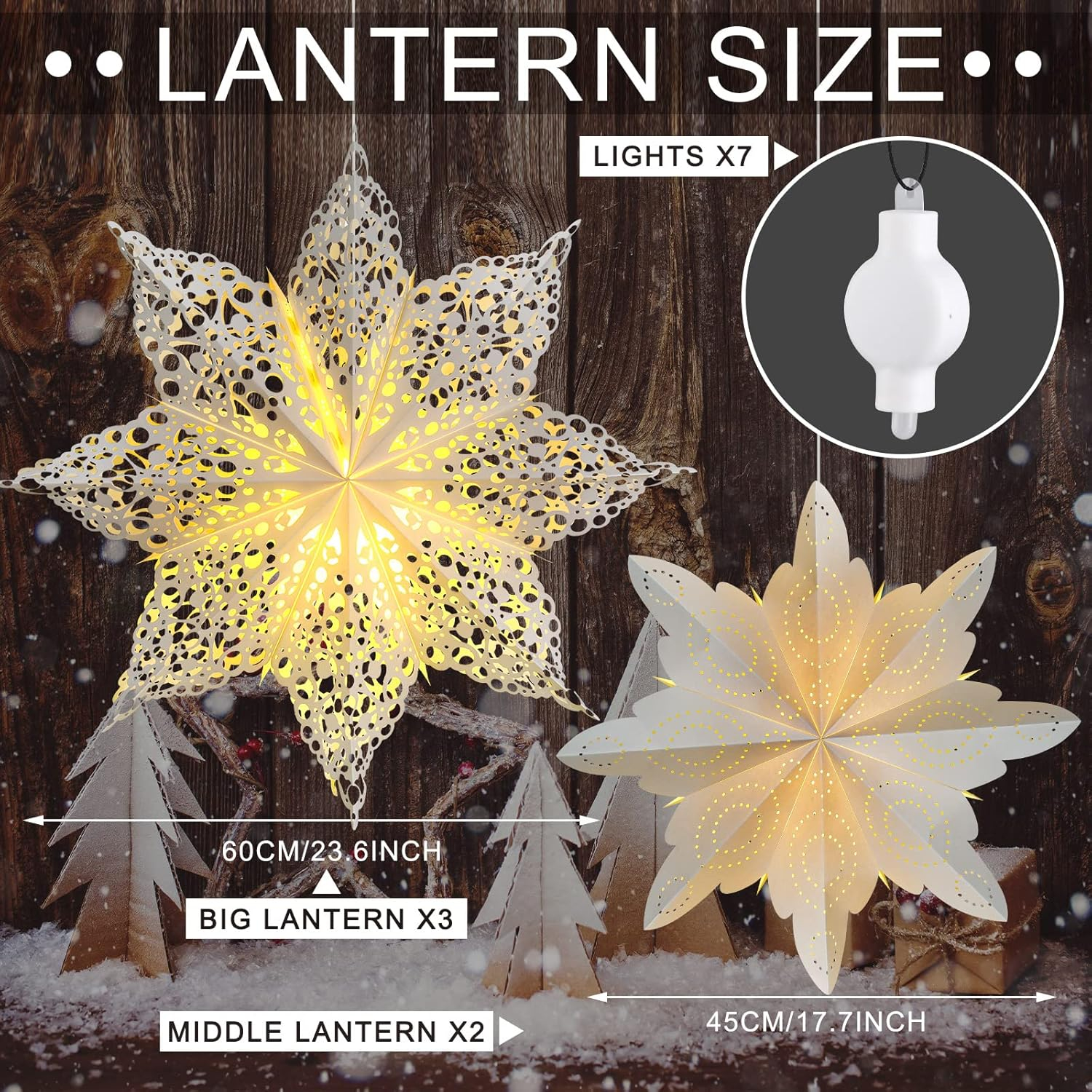 Mudder 5 Pieces Christmas Snowflake Paper Lantern with 7 Light up Star Paper 3D Hanging Lantern Lamp Party Decoration for Weddings Holiday Xmas Trees(Cute Style,White)