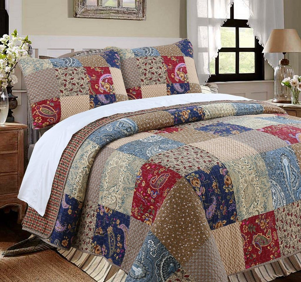 King Size Red and Navy Cotton Reversible Patchwork Quilt Set