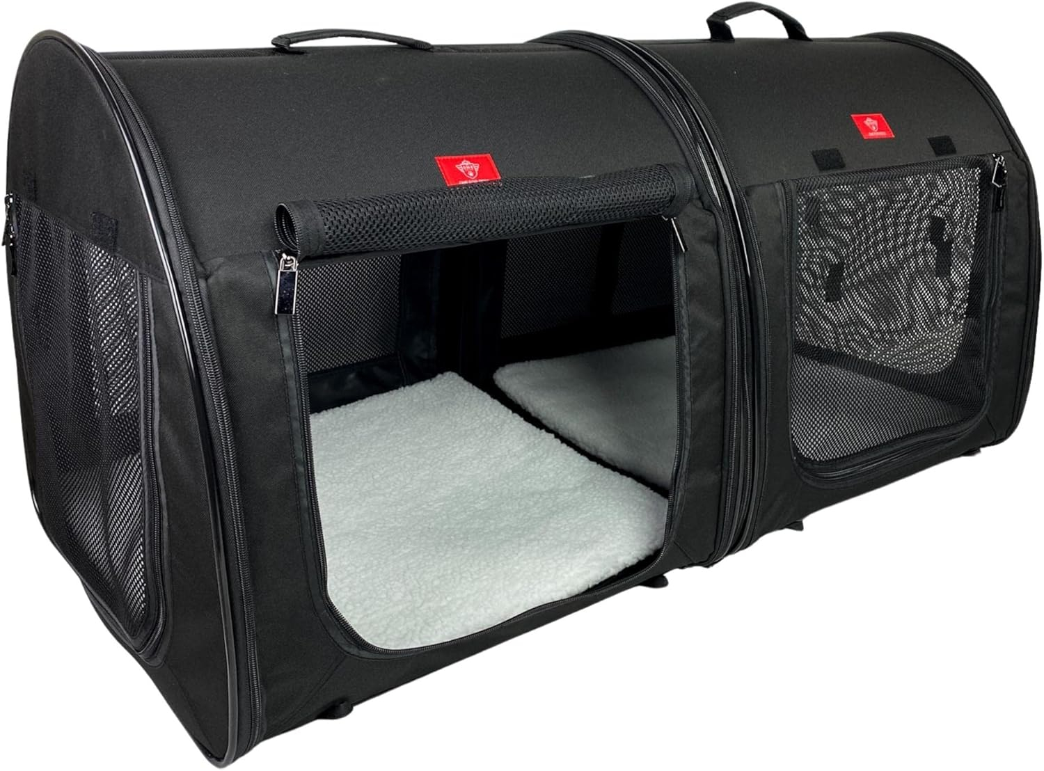 One for Pets Portable 2-in-1 Double Pet Kennel/Shelter, Fabric, Black/Royal Blue 20"x20"x39" - Car Seat-Belt Fixture Included (Black)