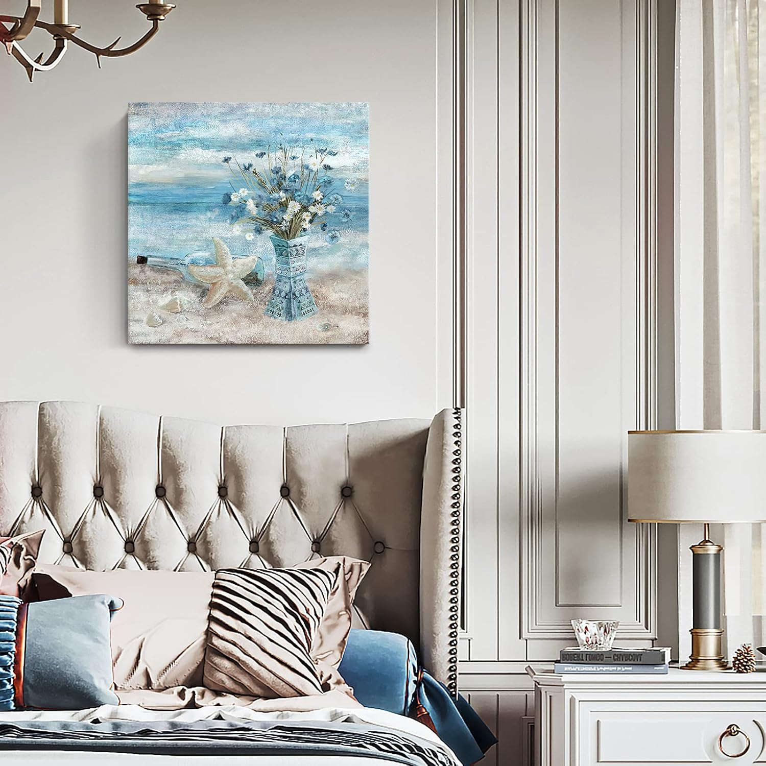 Beach Wall Art for Living Room Blue Ocean Theme Canvas Print Modern Abstract Coastal Picture Seascape Painting Daisy Flower in Indian Vase Framed Artwork for Seaside Bedroom Bathroom Office 24x24inch