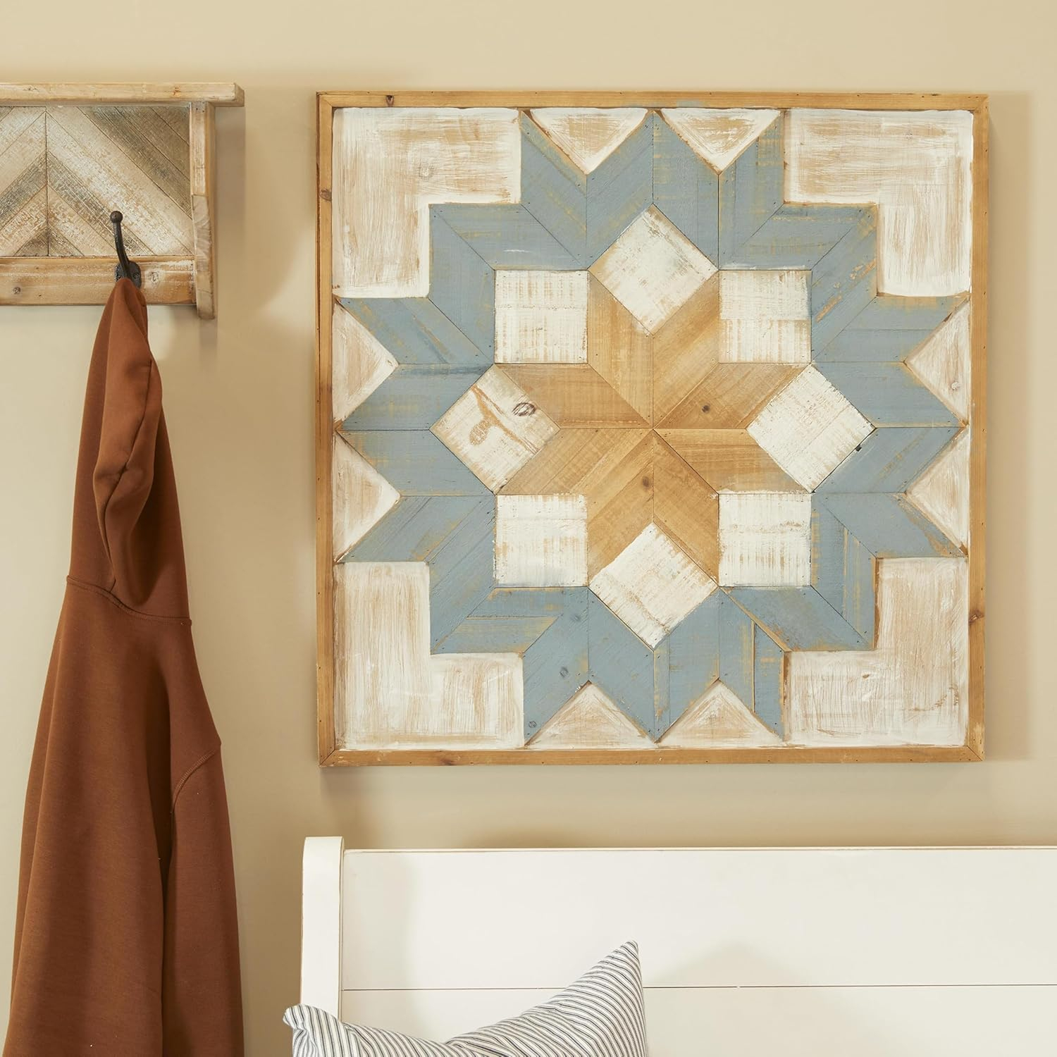 Rustic Blue and Brown Geometric Wooden Wall Sculpture