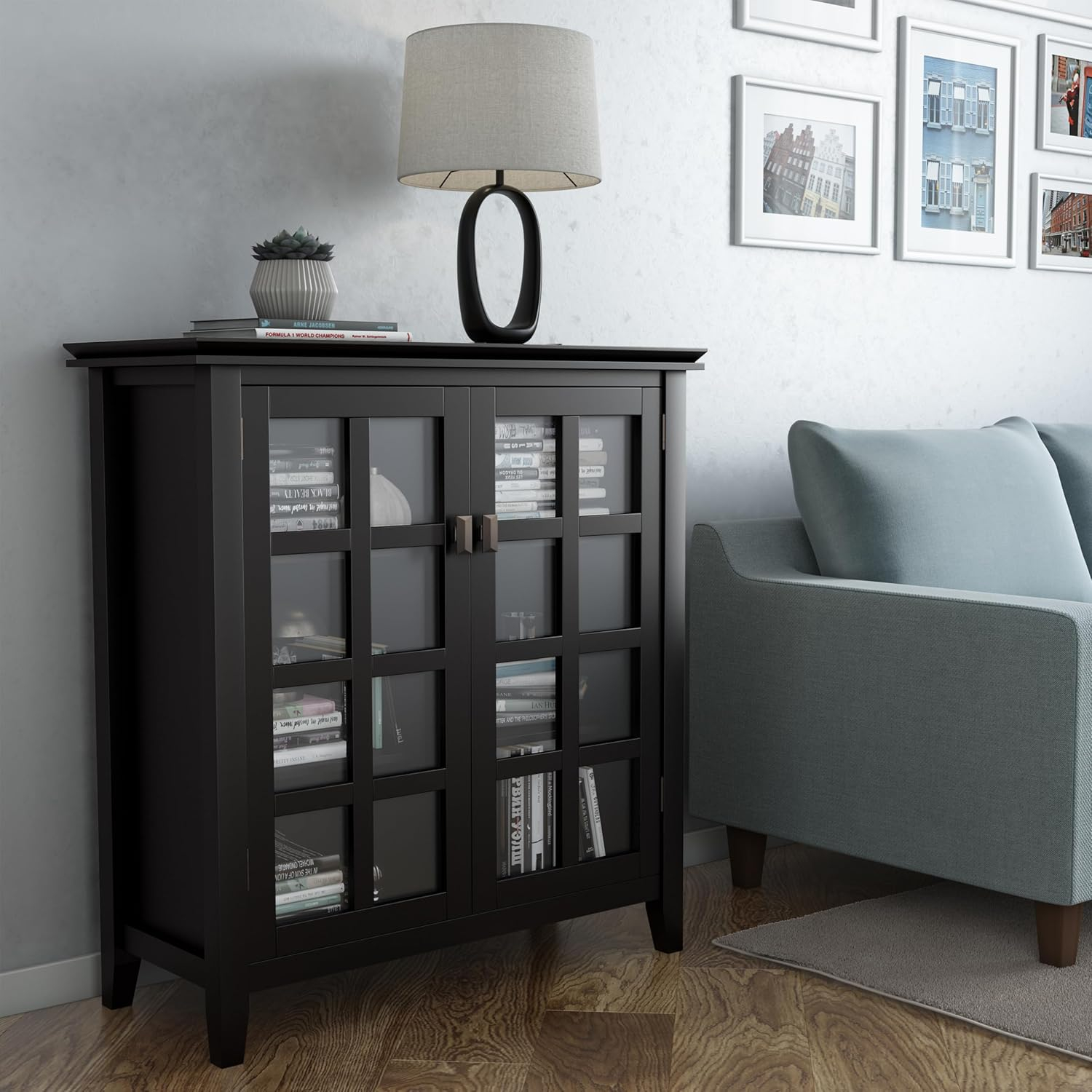 Simpli Home Artisan 30"W Solid Wood 2-Shelf Low Storage Cabinet with Glass Doors and Adjustable Shelves