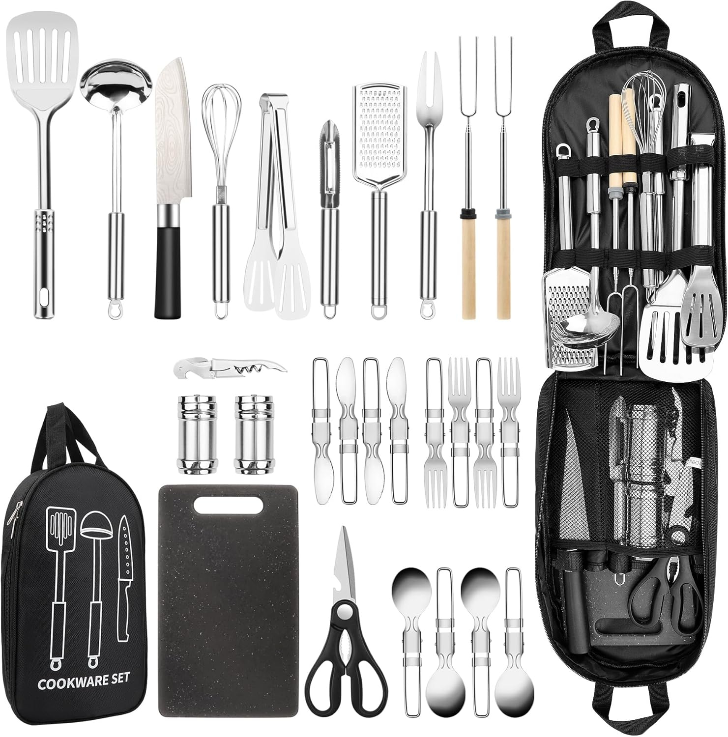 Camping Cooking Utensils Set, Stainless Steel Grill Tools, Camping BBQ Cookware Gear and Equipment for Travel Tenting RV Van Picnic Portable Kitchen Essentials Accessories