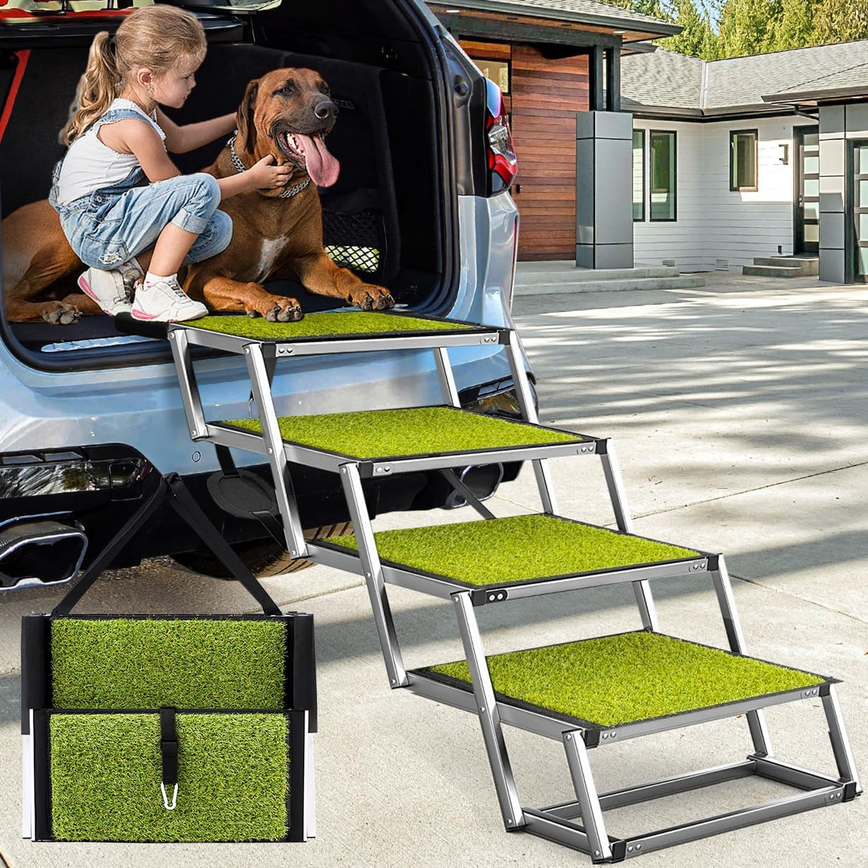 Dog Ramp for Car, Extra Wide Dog Car Stair for Large Dogs, Pet Steps Lightweight Aluminum Foldable Dog Steps for Cars and SUV,High Beds, Trucks, Supports up to 200 lbs (Extra Wide-4 Steps with Grass)