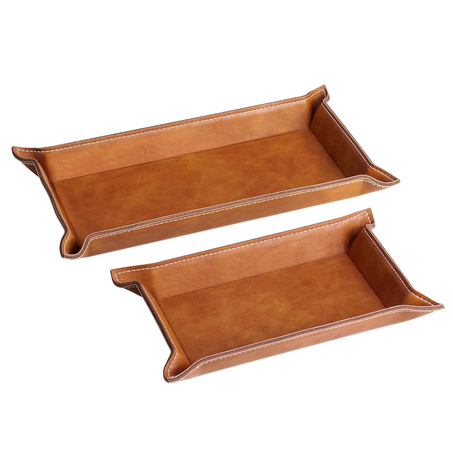 Navaris Faux Leather Tray Set - 2 Valet Organizer Trays for Bedside Table, Retro Fashion - Desk Storage Plate for Key Coin Phone Wallet (Brown)