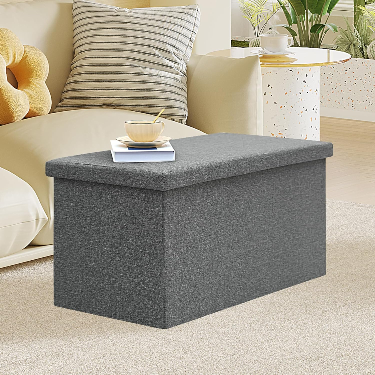 Folding Storage Ottoman Bench, Grey Storage Ottoman with Lid Tray, 30 inches Ottoman Coffee Table Cube Chair Foot Rest Stool Storage Toy Chest for Living Room Bedroom, Holds up to 550 lb