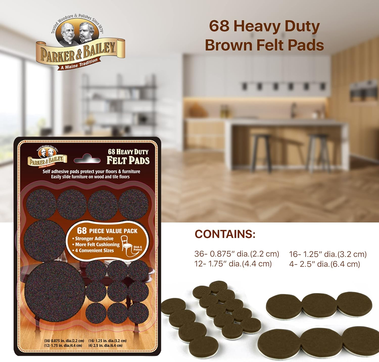 PARKER & BAILEY Felt Pads - 68 Heavy Duty Felt Sliders/Bumpers to Protect Floors & Furniture. Easily Slide Furniture on Hardwood Floors, Laminate Wood or Protect Furniture Feet, Assorted Sizes