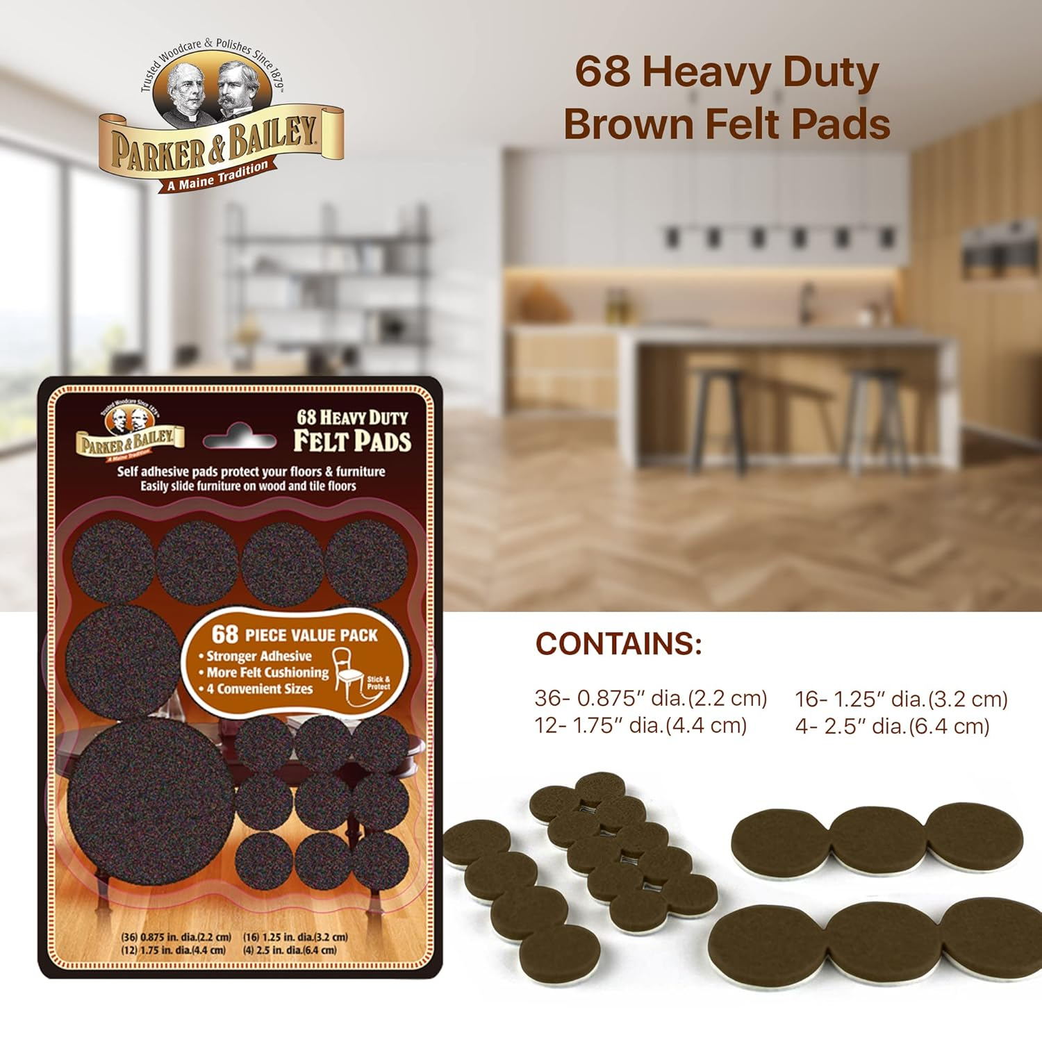 PARKER & BAILEY Felt Pads - 68 Heavy Duty Felt Sliders/Bumpers to Protect Floors & Furniture. Easily Slide Furniture on Hardwood Floors, Laminate Wood or Protect Furniture Feet, Assorted Sizes