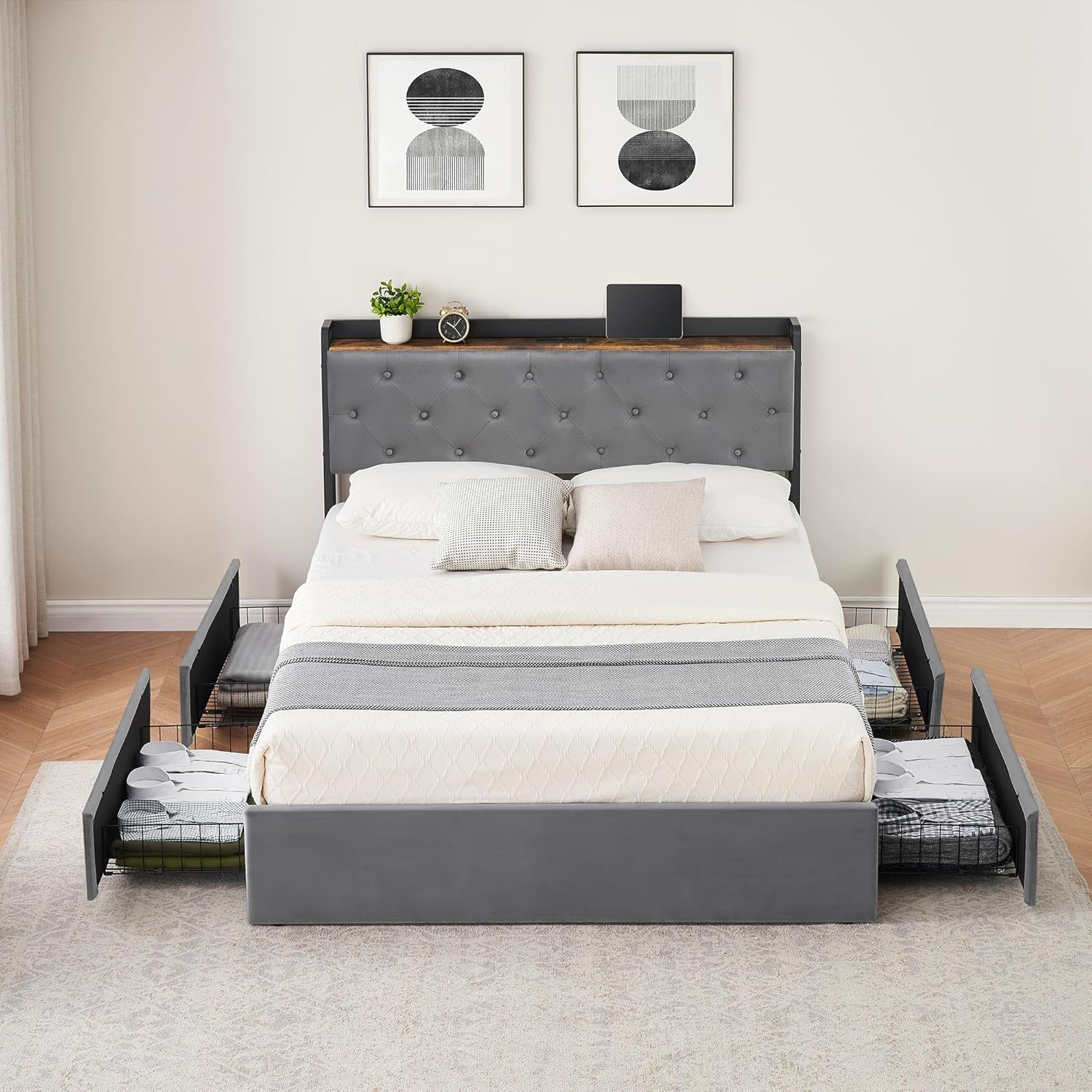 GarveeHome Full Size Bed Frame with 4 Storage Drawers and Charging Station, Upholstered Velvet Platform Bed Frame with Storage Headboard and Sturdy Wooden Slats Support, No Box Spring Needed