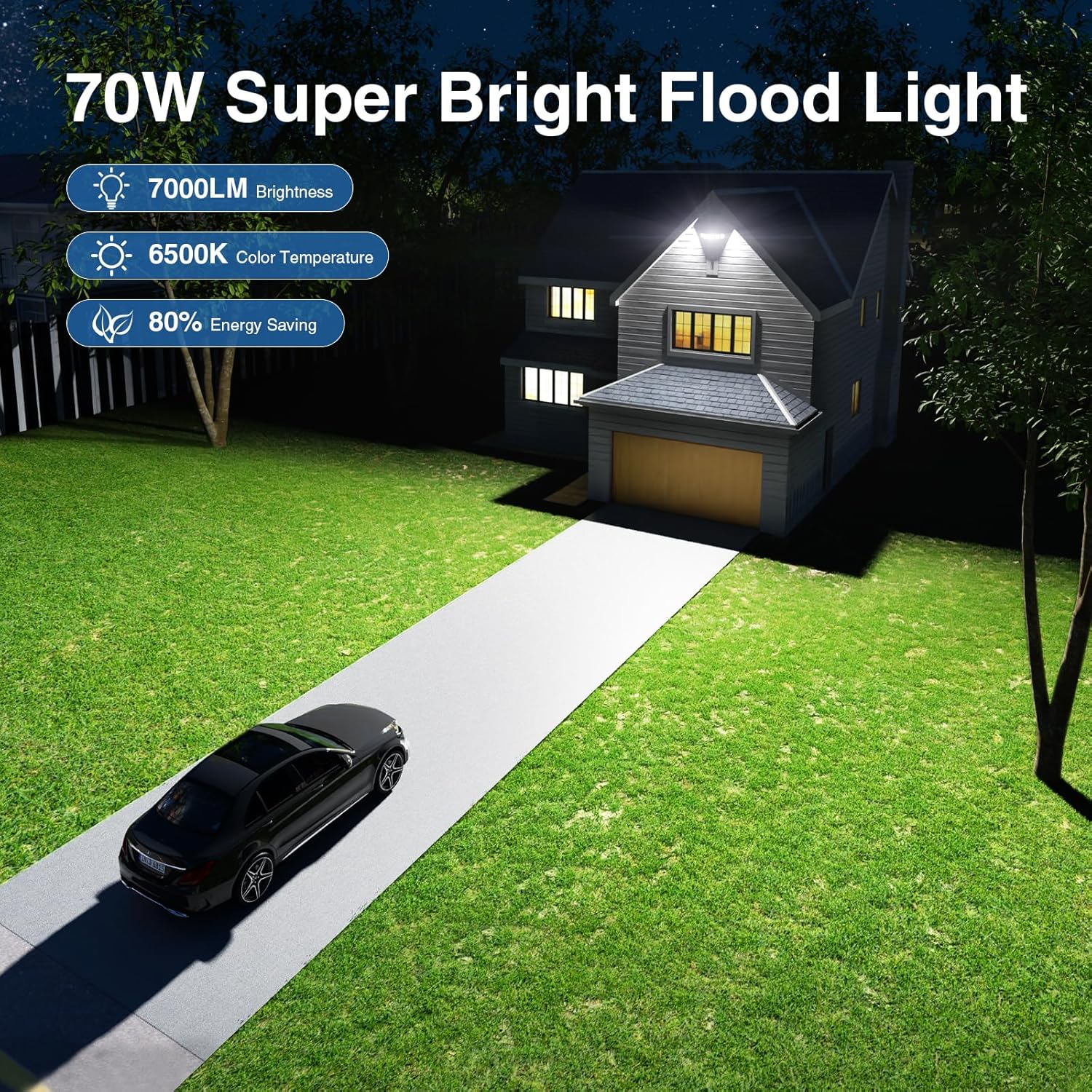70W LED Flood Lights Outdoor Waterproof IP65, 5 Heads Exterior Security Lights, 6500K Super Bright Floodlight Fixture, Outside Light for House, Backyard