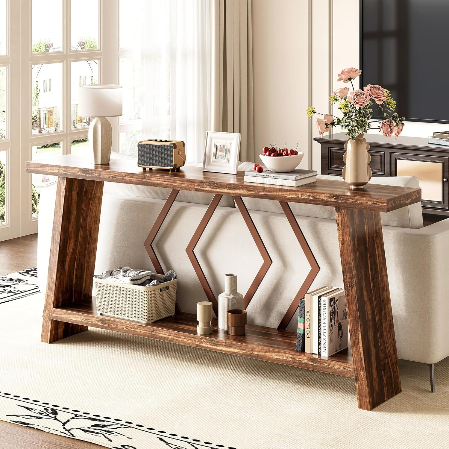 Rustic Brown Wood and Metal Console Table with Storage Shelf