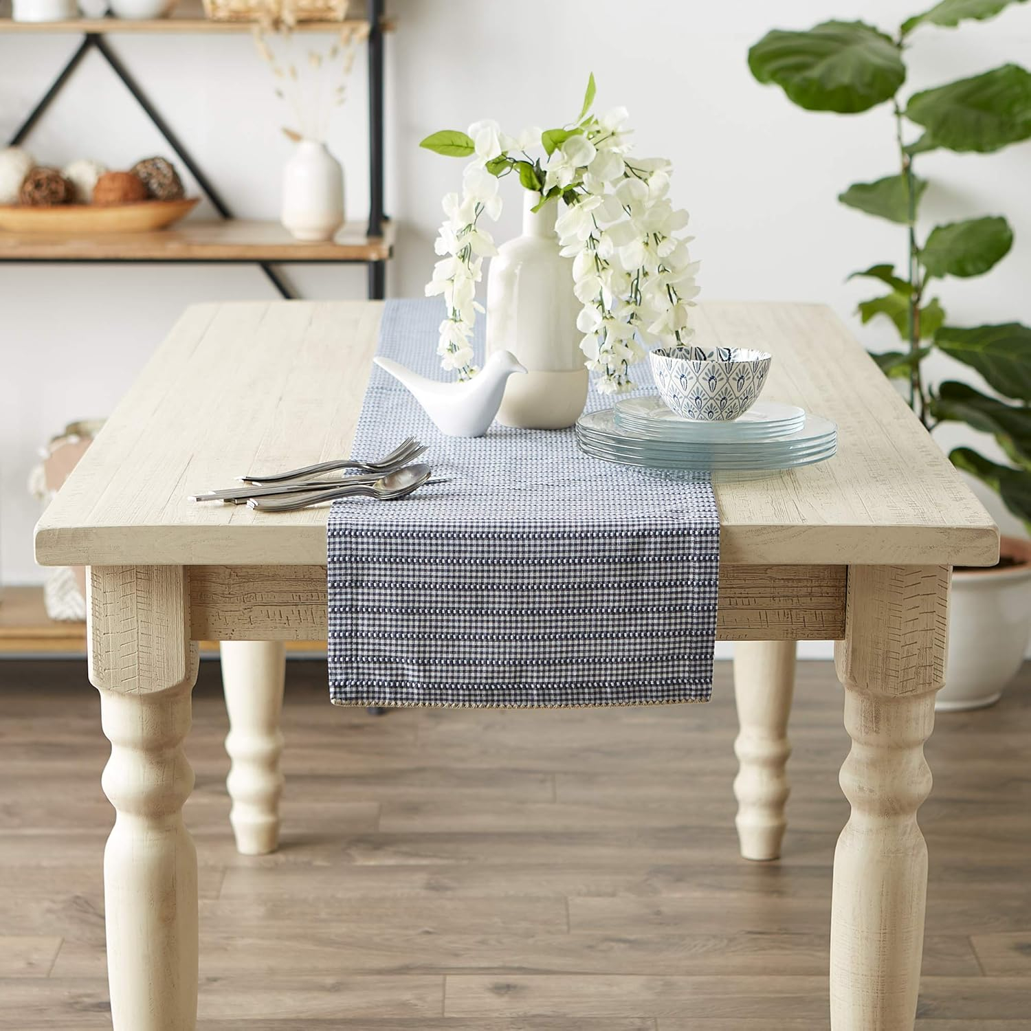 Contemporary Home Living 14" x 72" White and  French Blue Farmhouse Gingham Table Runner