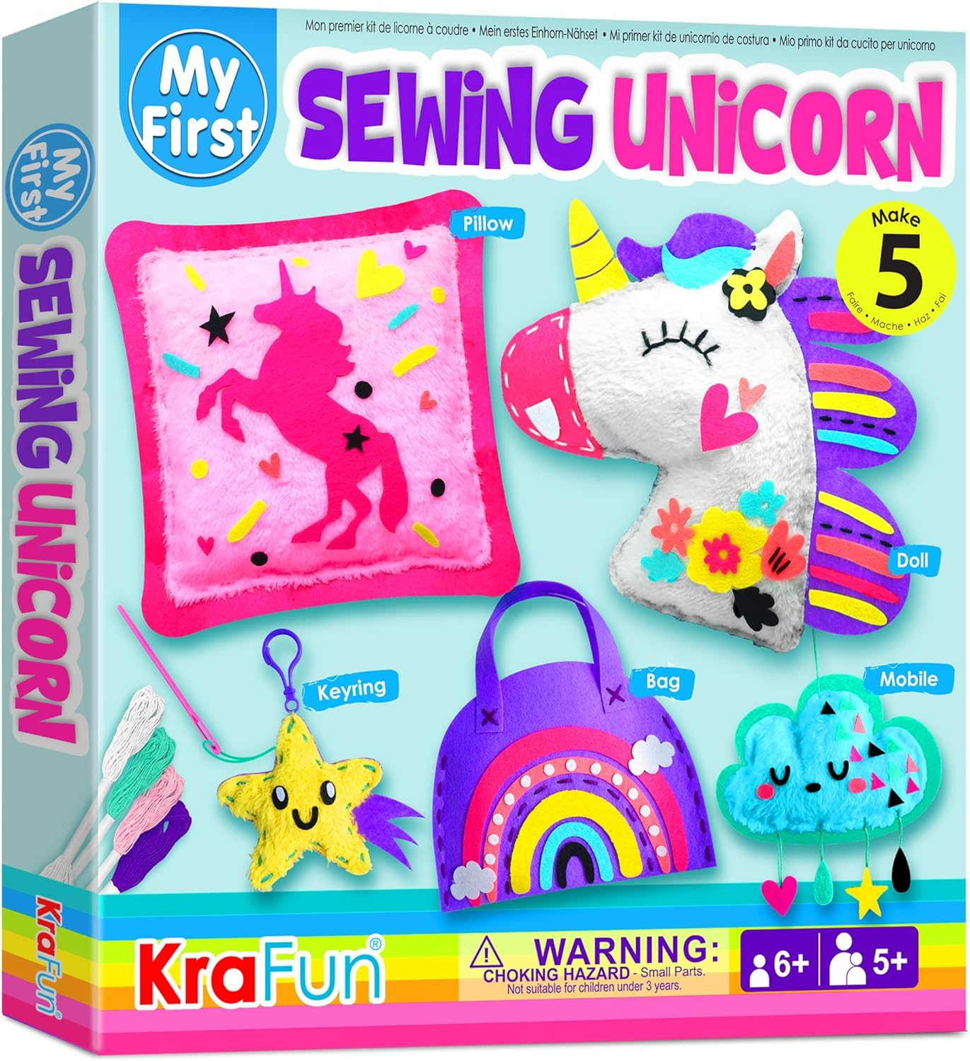 KRAFUN My First Unicorn Kids Sewing kit, Beginner Arts & Crafts, Make 8 Cute Projects with Plush Stuffed Animal, Pillow, Mobile, Keyring and Bag, Instructions & Felt for Learn Sewing, Embroidery