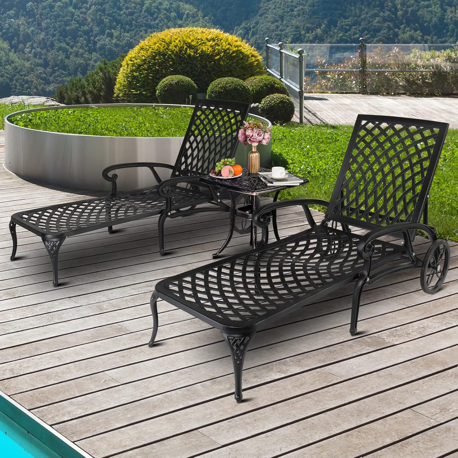 VINGLI Cast Aluminum Outdoor Chaise Lounge Chair with Wheels, Patio Chaise Lounge with 3-Position Adjustable Backrest, Outdoor Tanning Chair Patio Lounge Chair (Black, Without Cushion)