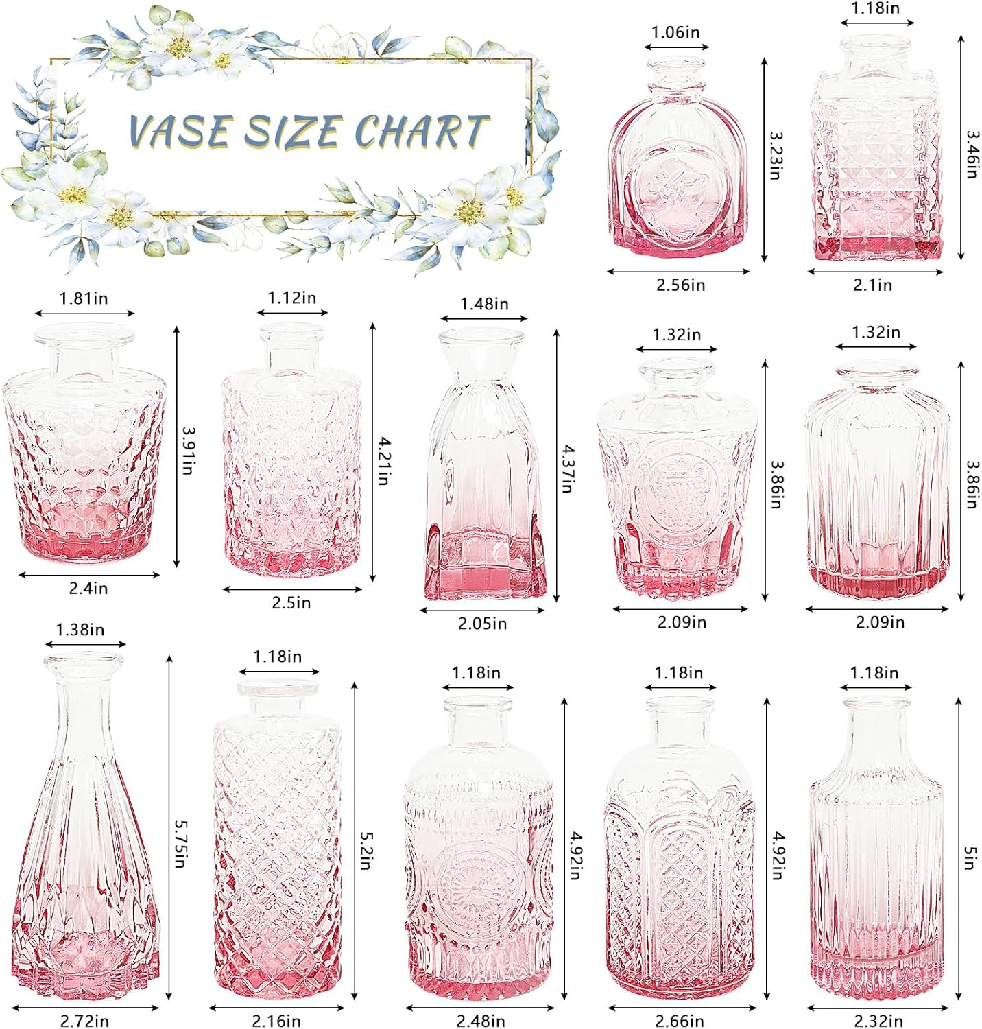 12Pcs Glass Bud Vase Set, Small Flower Vase for Centerpieces, Pink Bud Vases in Bulk, Mini Vintage Vase for Rustic Wedding Decorations