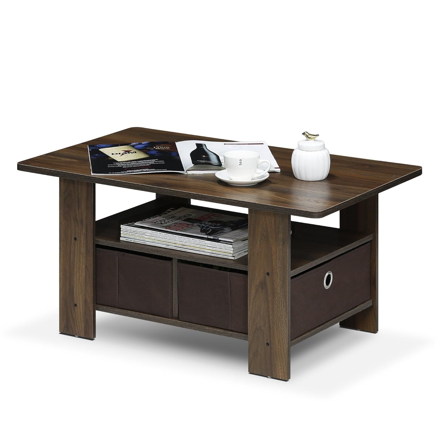 Furinno Andrey Wood Coffee Table with Bin Drawer in Columbia Walnut/Dark Brown
