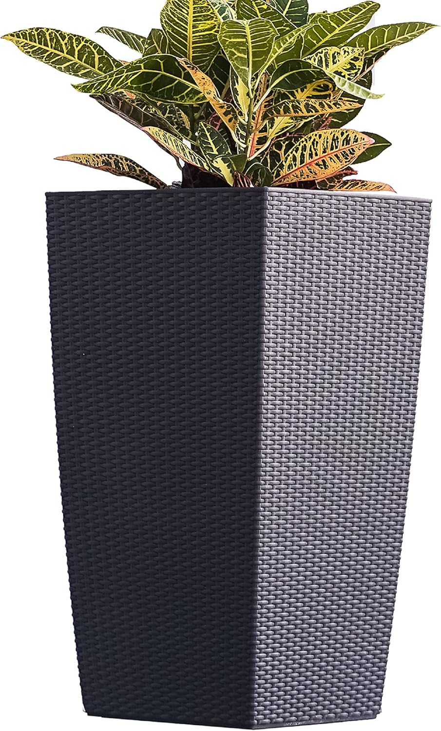 XBrand 30" H Black Rattan Self Watering Indoor Outdoor Square Planter Pot, Tall Decorative Gardening Pot, Home Décor Accent