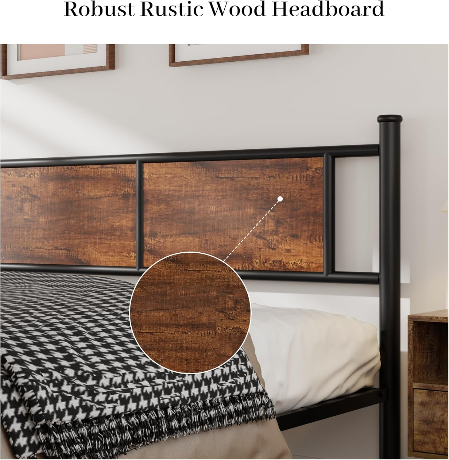 King Size Bed Frame with Rustic Wood Headboard, Metal Heavy Duty Platform, Sturdy Steel Slat Support, No Box Spring Needed, Black King Platform Bed Frame with Headboard
