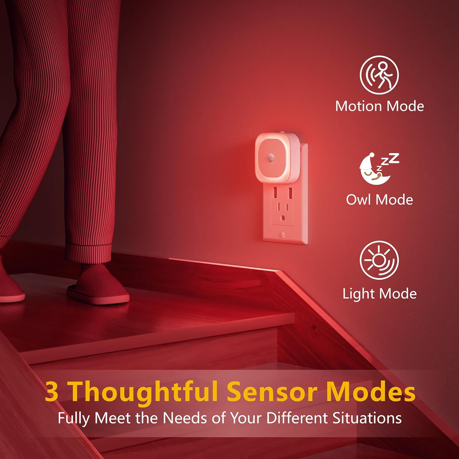 2 Pack Plug in Night Light with Motion Sensor & Dusk to Dawn Sensor, 3 Sensor Modes, Red Night Lights Plug into Wall, Dimmable Nightlight for Bedroom, Bathroom, Indoor, Gifts for Adults, Kids