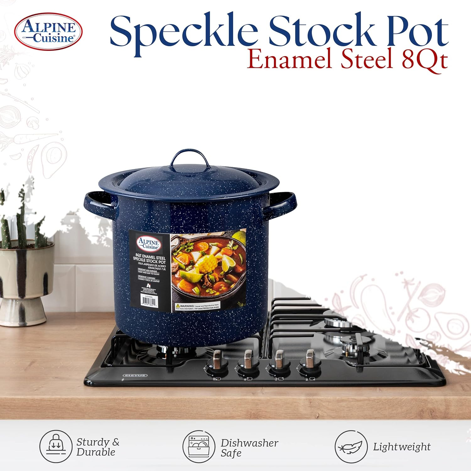 Alpine Cuisine Enamel Steel Dark Blue Speckle Stock Pot 8-qt with Lid, Healthy Cookware Commercial Grade Stockpots, Multi Cooking Pot for Stew, Sauce & Reheat Food, Compatible for Family Meals