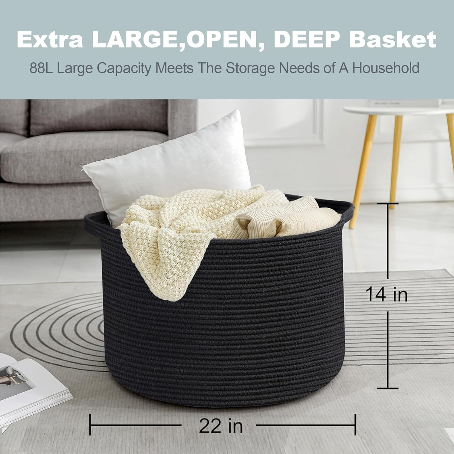 Large Black Blanket Basket, 22" X 22" X 14" Woven Rope Bin for Storage, Kids Dog Toy Storage Box Organizer Bins, Blanket Holder for Living Room, Decorative Wicker Basket for Organizing