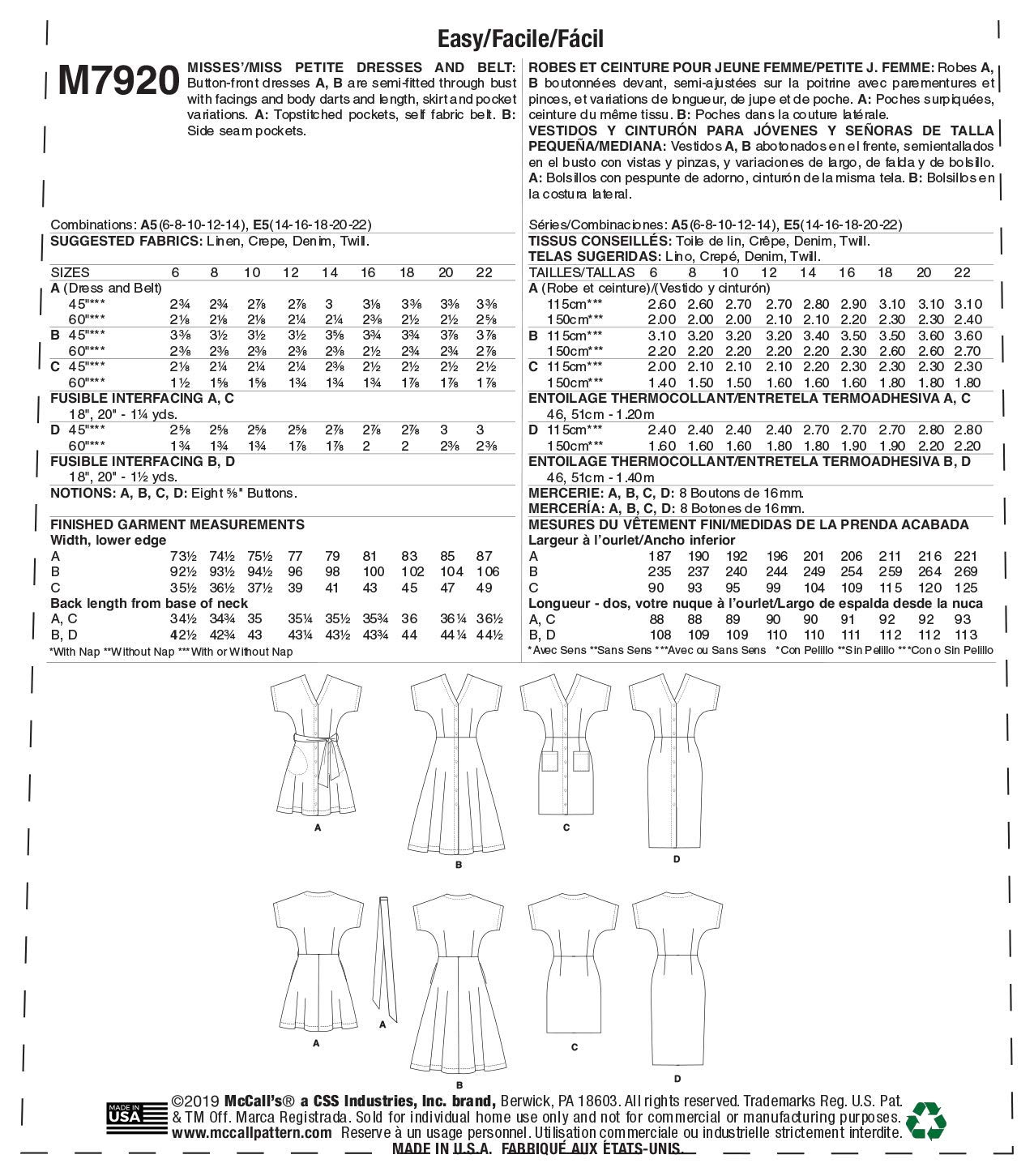 McCall's Patterns McCall's Women's Petite Belt and Button Up Dress, Sizes 6-14 Sewing Pattern, White