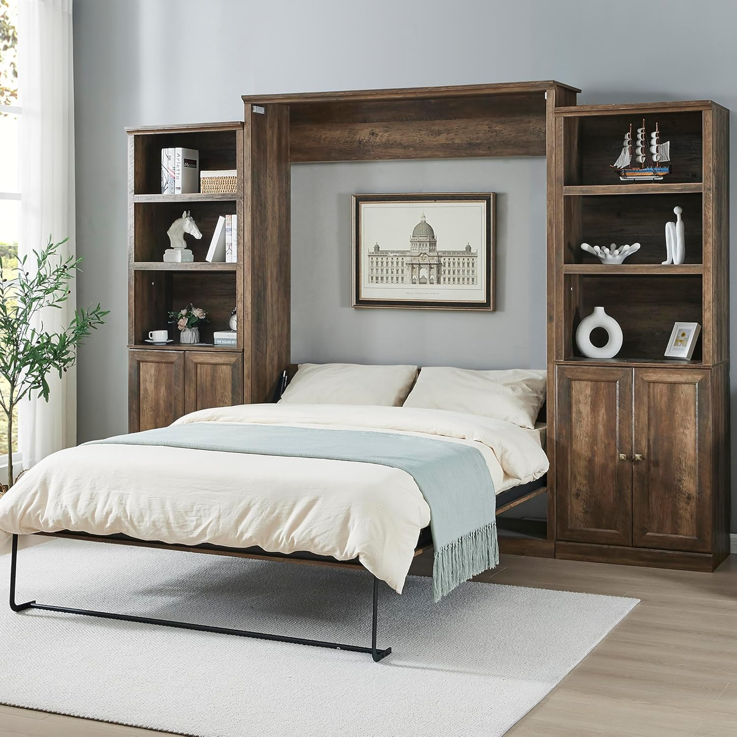 LUSPAZ Queen Size Half Self-Close and Open Murphy Bed with 2 Side Cabinet and Desk, Space-Saving Design Solid Pine Wood Foldable Pull Out Bed Cabinet, for Apartments, Bedrooms, Brown