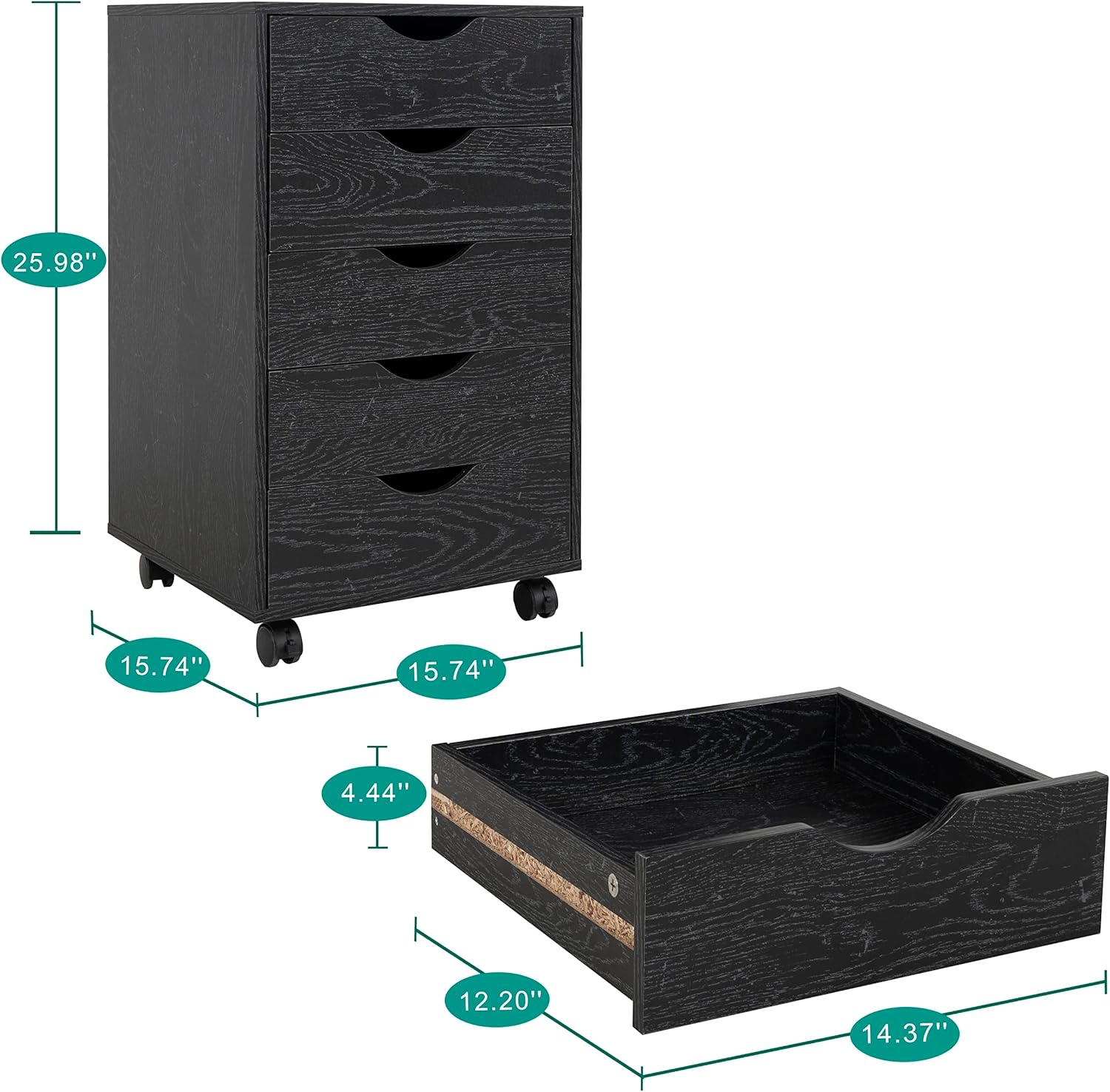 Naomi Home 5 Drawer Dresser for Bedroom Stylish Tall Dressers with Wheels Storage Shelves Small Dresser for Closet Makeup with 180 lbs Capacity - Distressed Black