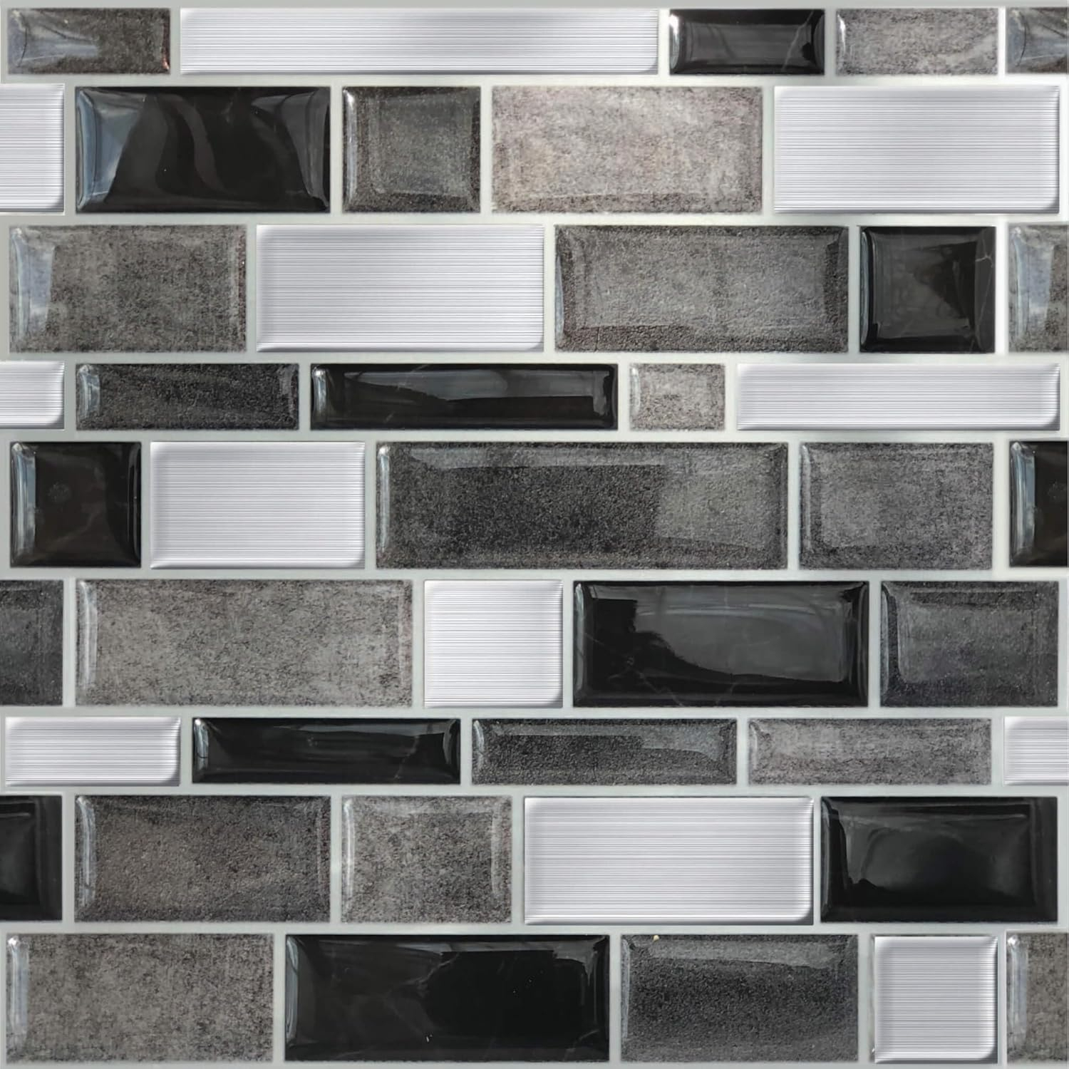 Main Street 10.5" x 10.5" Silver & Black Mosaic Vinyl Peel and Stick Tiles (4-Pack). Removable Tiles for Walls or Backsplash