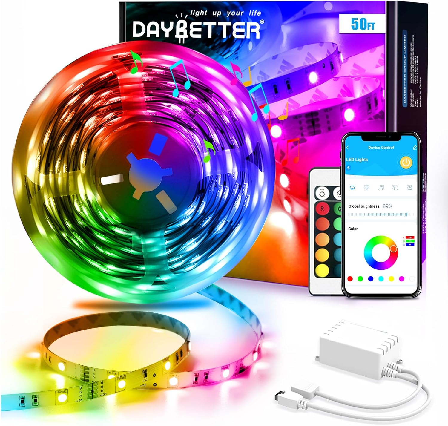 DAYBETTER 50ft LED Strip Lights,Color Changing Music Sync with Remote Control,Timer Schedule,Led Lights for Room,Bedroom(APP+Remote +Mic)