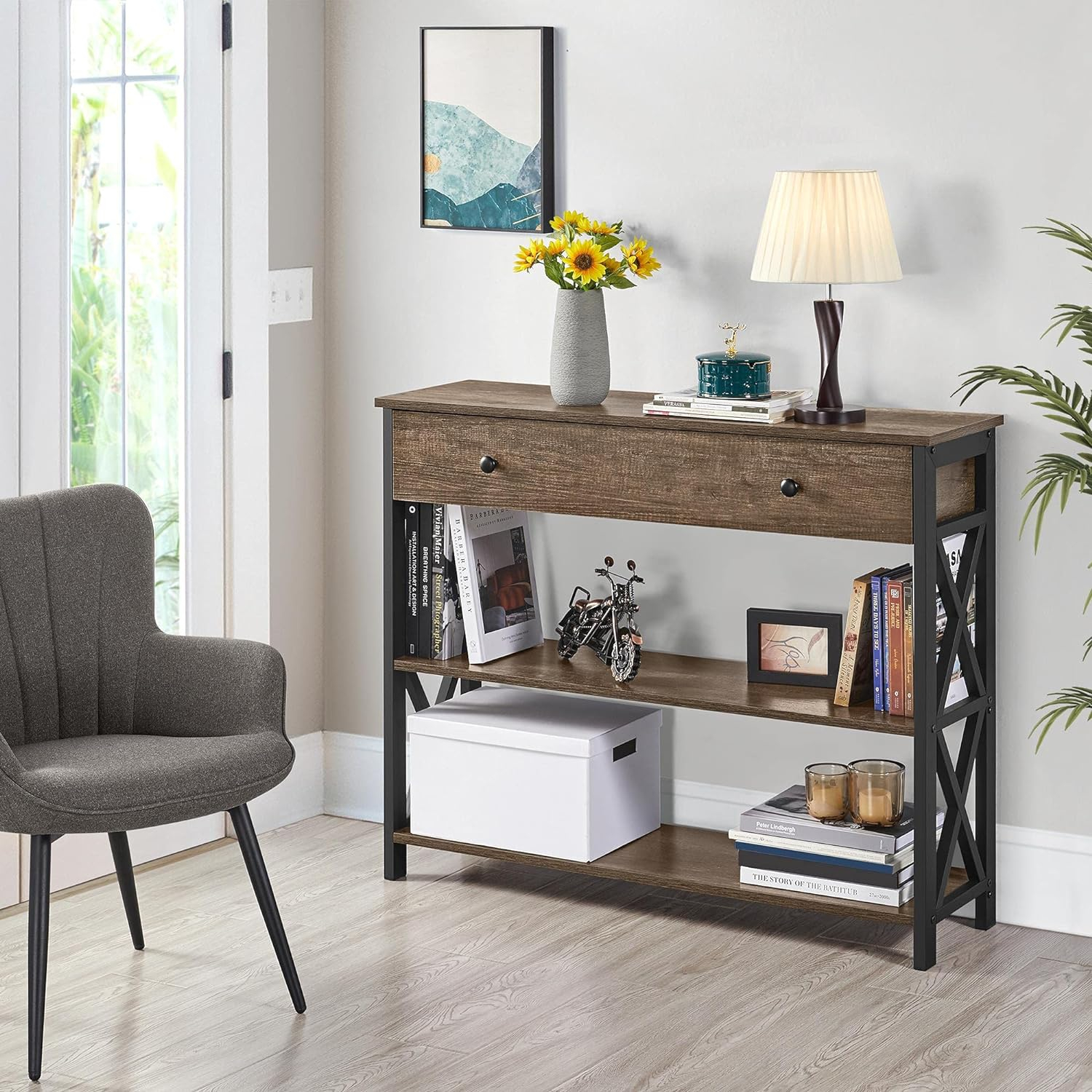 Yaheetech Console Table with Drawer and 2 Open Storage Shelves, Sofa Table for Living Room, 3-Tier Narrow Entryway Table, X-Shaped Design, Taupe Wood