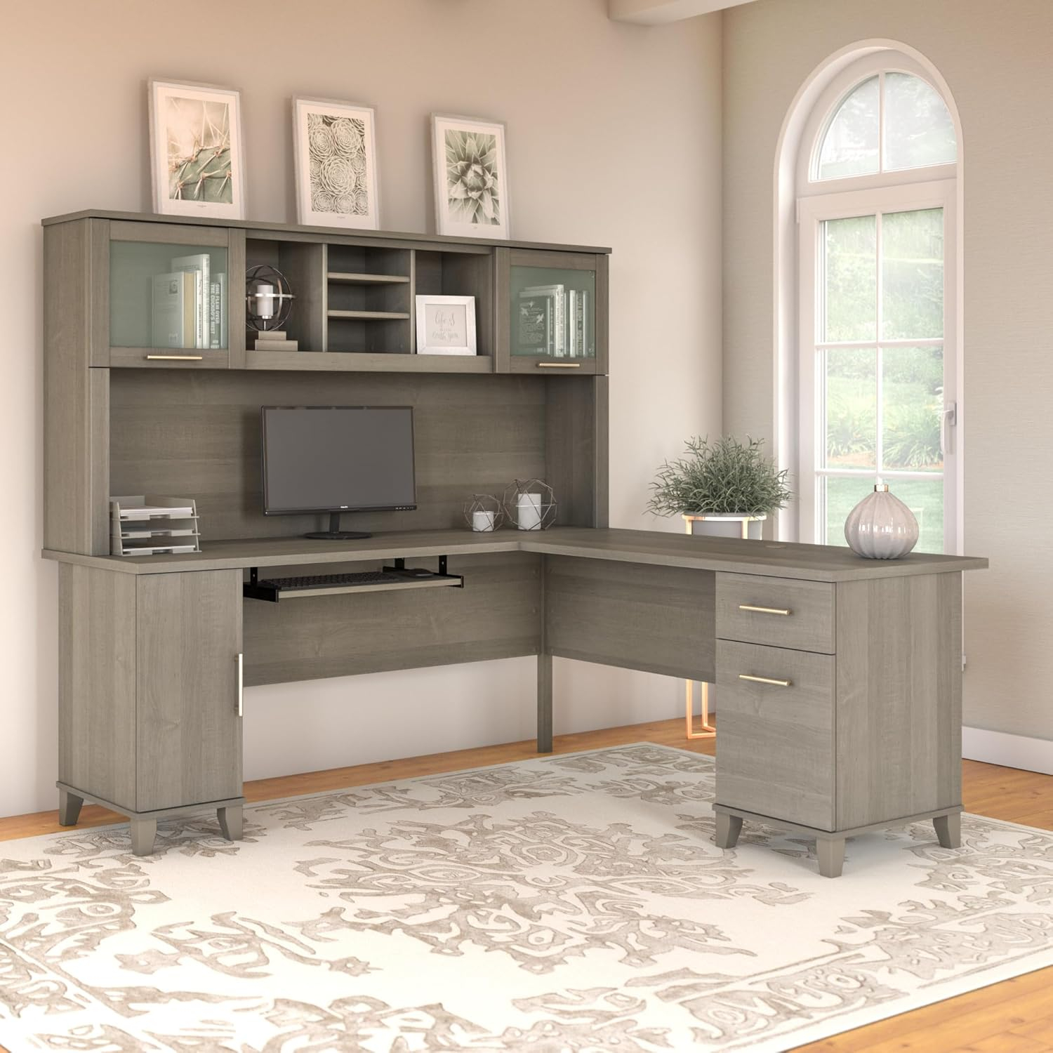 Bush Furniture Somerset 72" L Desk and Hutch with Storage, Ash Gray