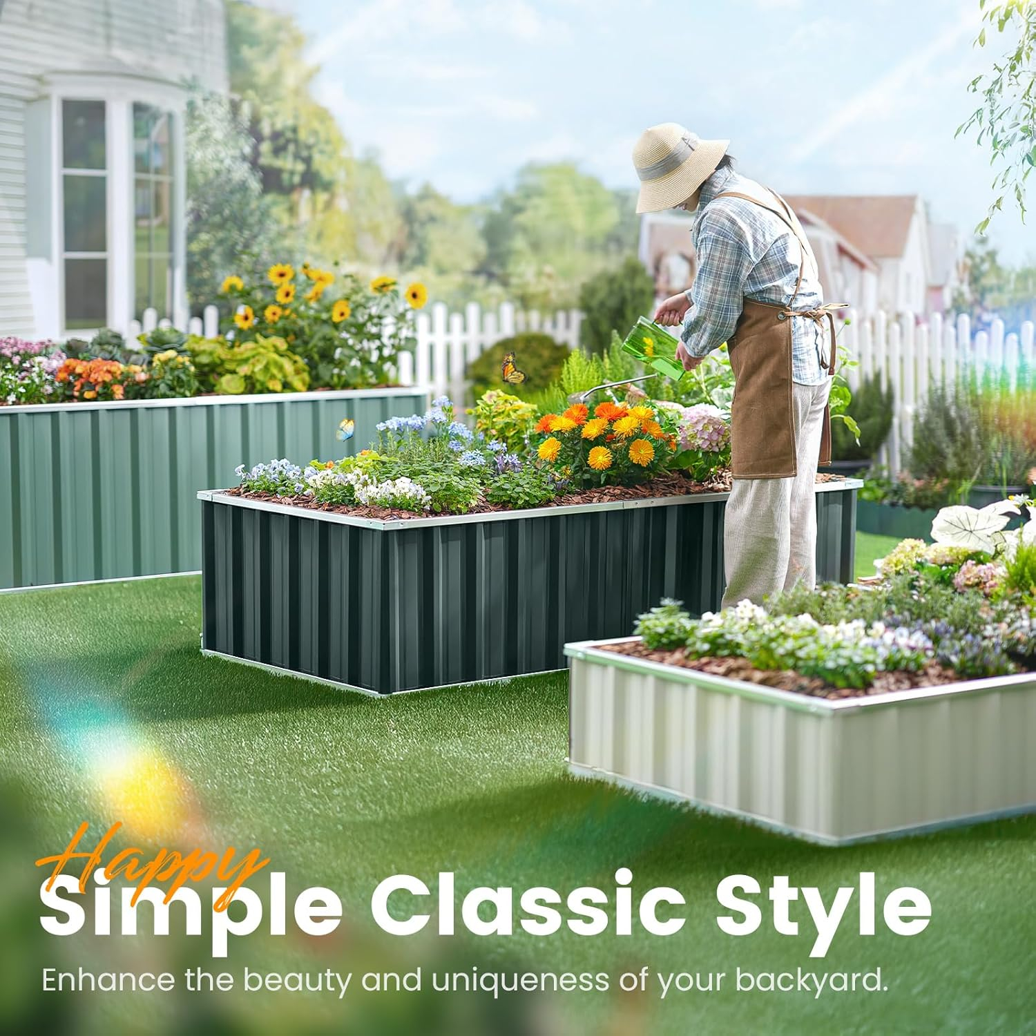 KING BIRD Raised Garden Bed 68"x 36"x 12" Galvanized Steel Metal Outdoor Garden Planter Box Kit with 2 Pairs of Gloves (Ivory)