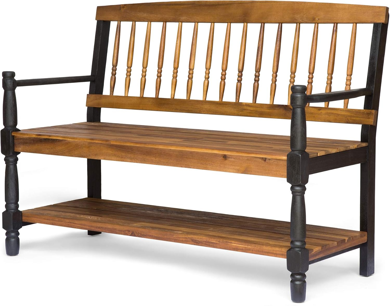 Teak and Black Acacia Wood Bench with Shelf, 51"