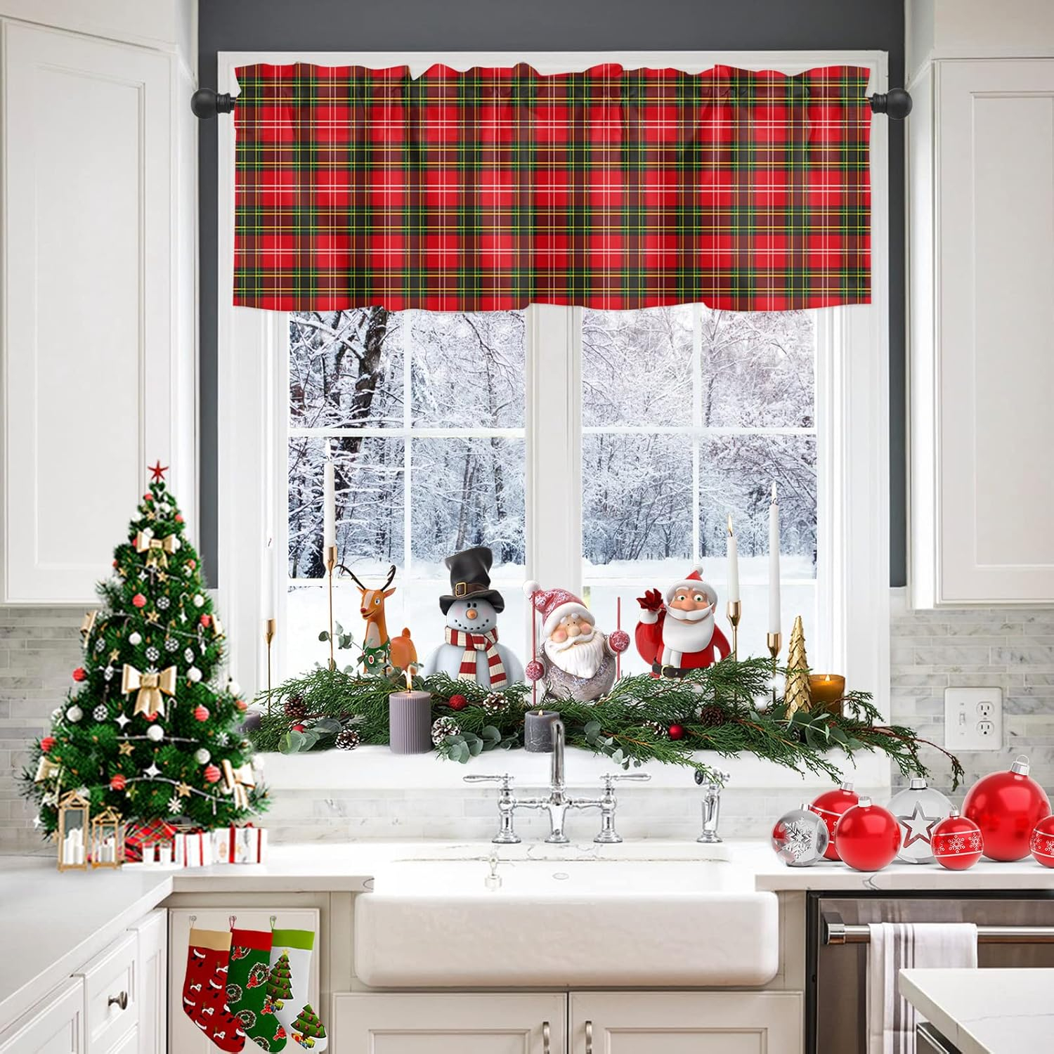 Classic Tartan Valance Christmas Red and Green Buffalo Plaid Window Valance,Rod Pocket Panel for Kitchen Bedroom Windows,Grid Valances Short Curtain Bathroom Treatment Drapes