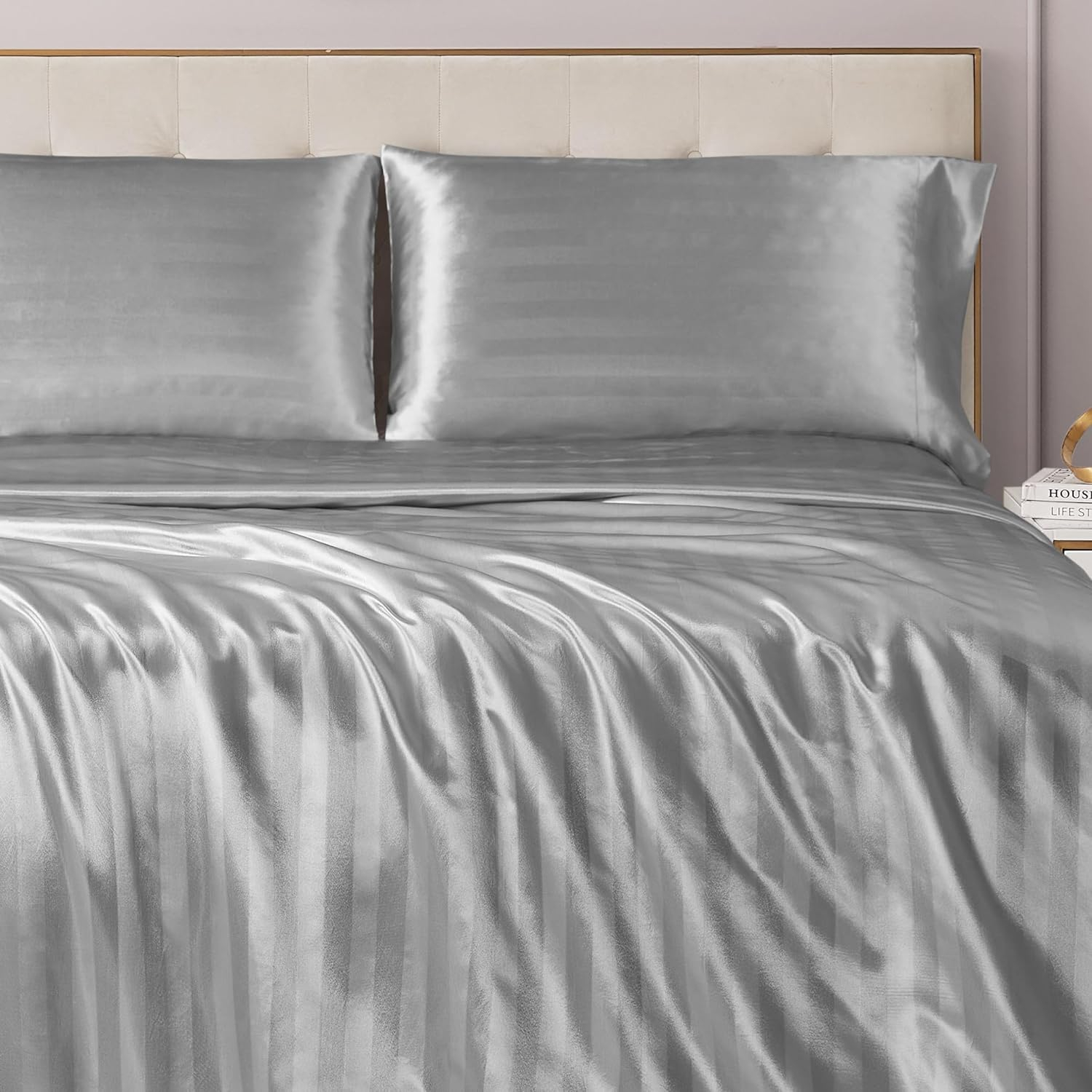 Juicy Couture Silky Satin Damask Sheet Set - Luxury Grey Bedding - Smooth Satin Striped Sheets - Full Size