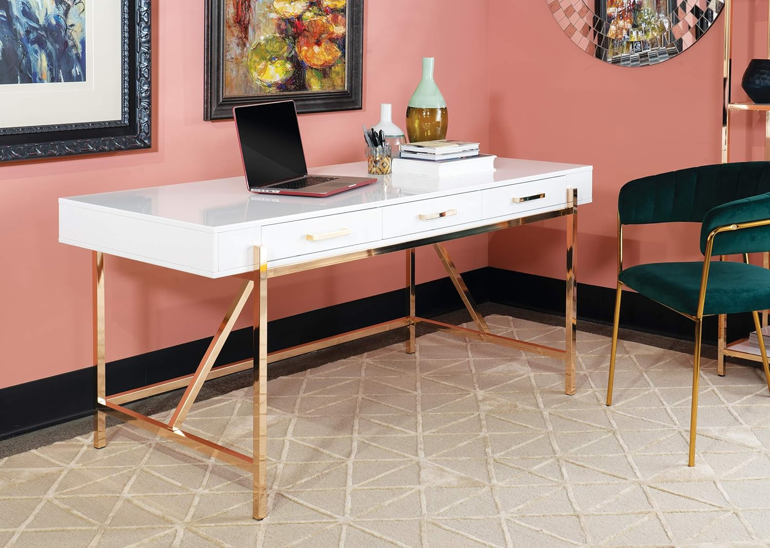 Broadway Desk with White Gloss and Gold Plated Finish