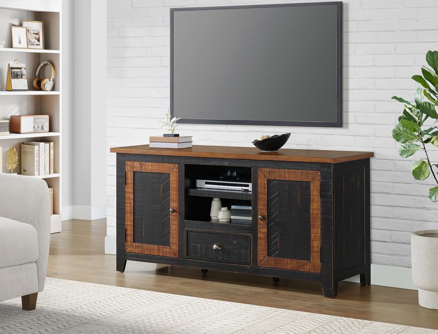 The Gray Barn  Downington Solid Wood 60-inch TV Stand Black and Honey Pine Finish, Wood Finish Adjustable Shelving Nautical & Coastal, Rustic