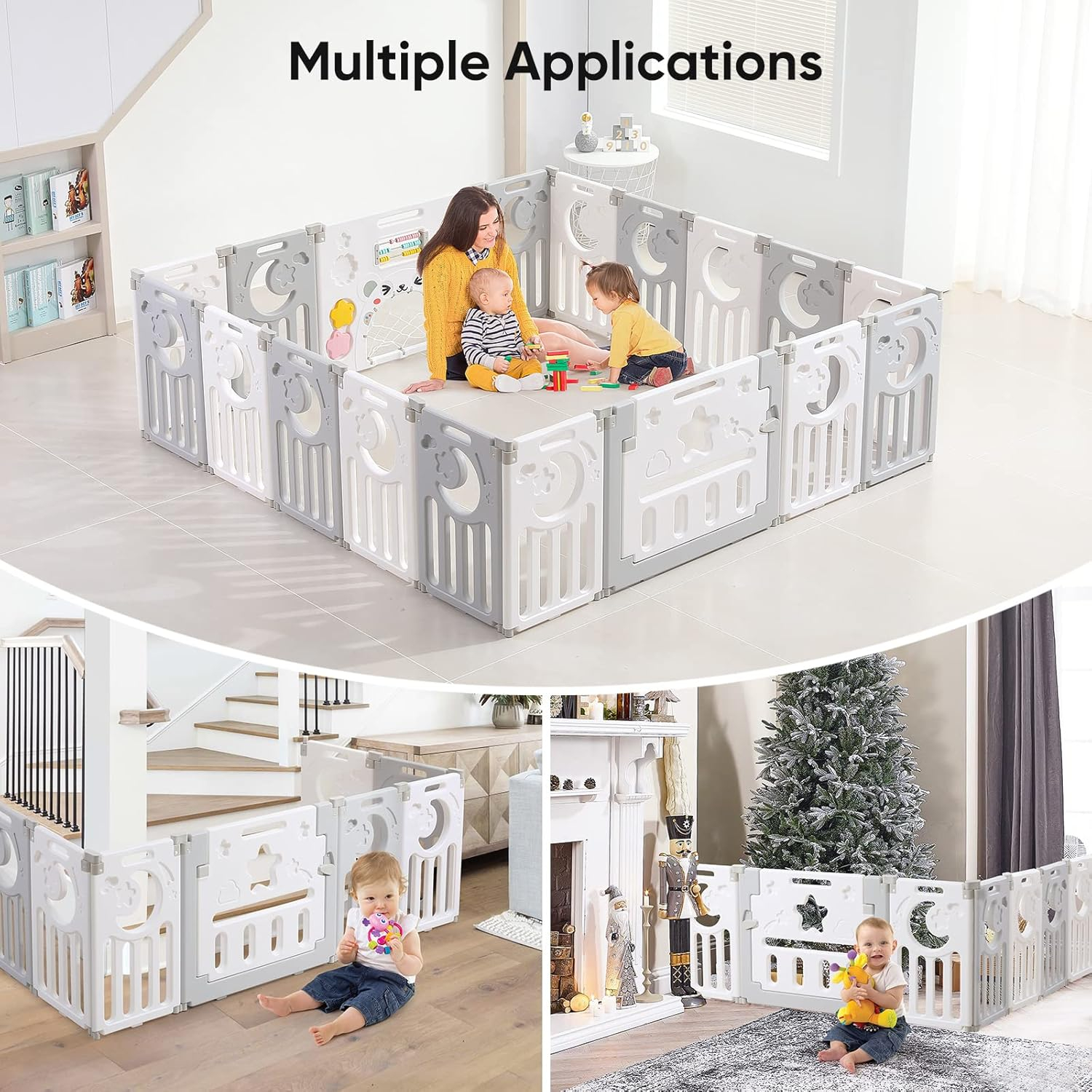 Baby Playpen, Dripex Foldable Playpen for Babies and Toddlers, Custom Shape Baby Fence, Safety Play Yard with Gate, Portable Play Area for Indoor or Outdoor, Grey White, 18 Panel