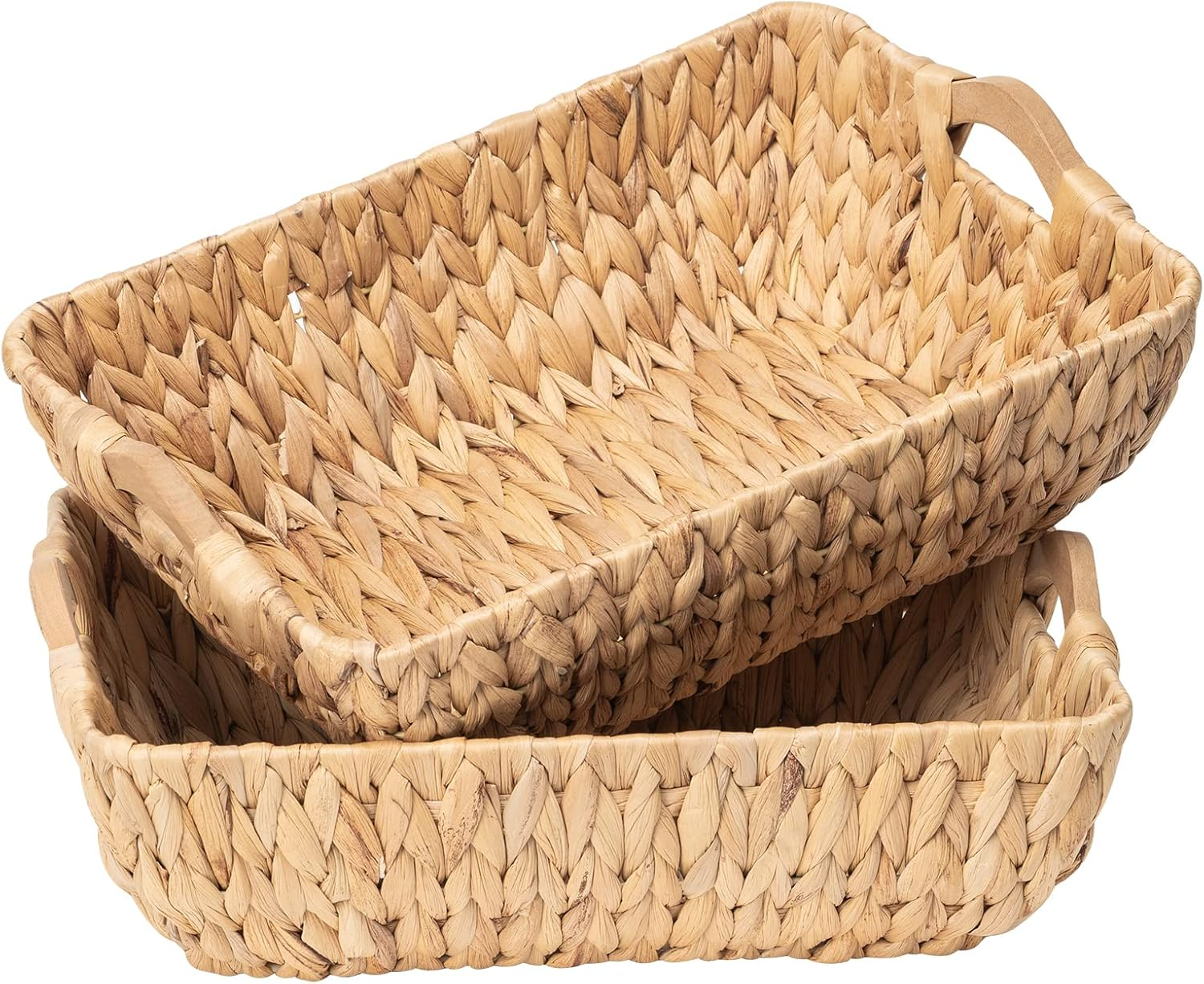 FairyHaus Wicker Baskets with Handles, Natural Wicker Basket for Organizing Shelves, Small Hand Woven Water Hyacinth Storage Baskets Set of 2, 14.96x10.04x4.73