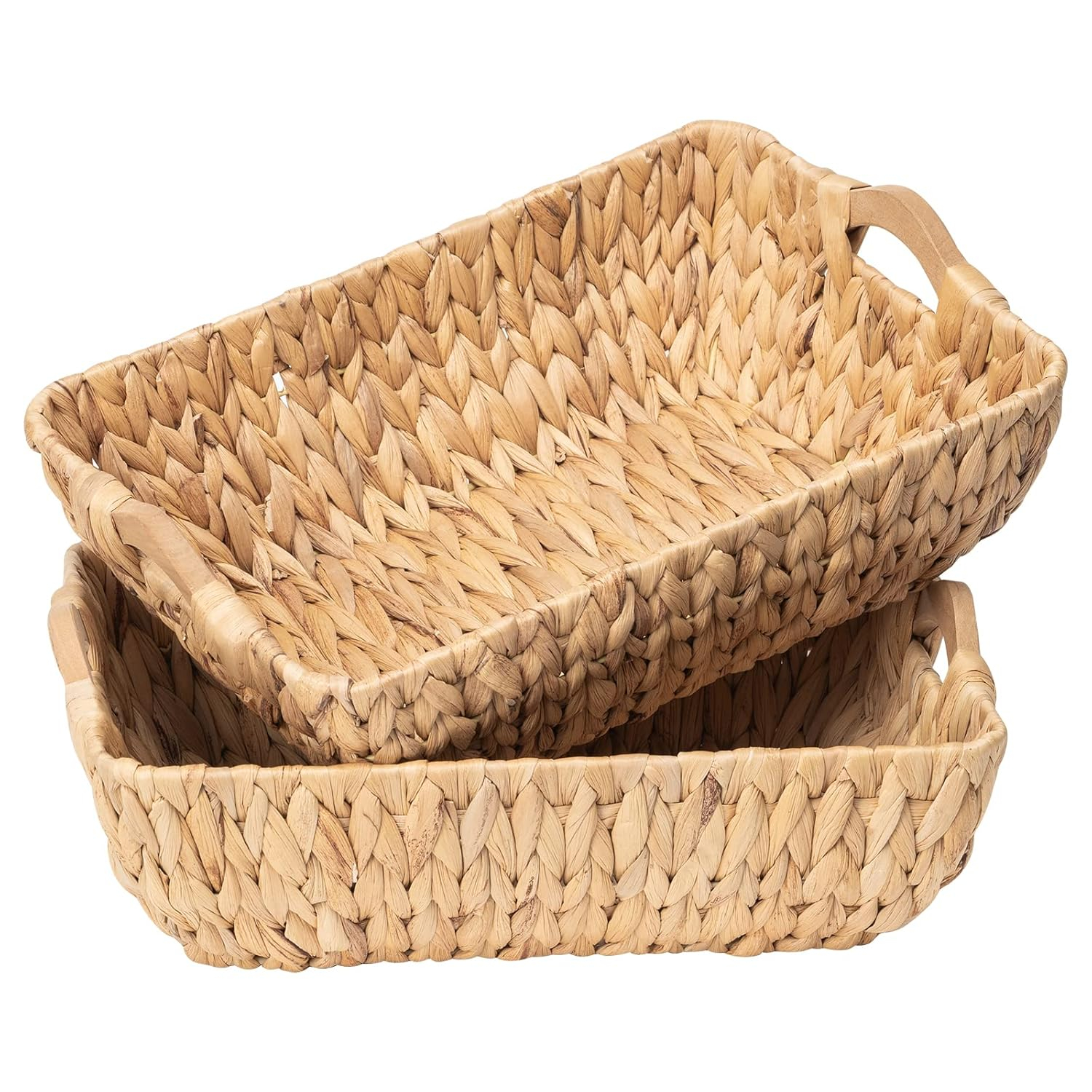 FairyHaus Wicker Baskets with Handles, Natural Wicker Basket for Organizing Shelves, Small Hand Woven Water Hyacinth Storage Baskets Set of 2, 14.96x10.04x4.73