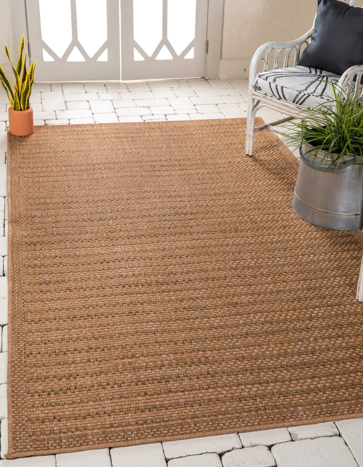 Unique Loom Outdoor Border Collection Area Rug - Checkered (2' 2" x 3' 1" Rectangle Light Brown)