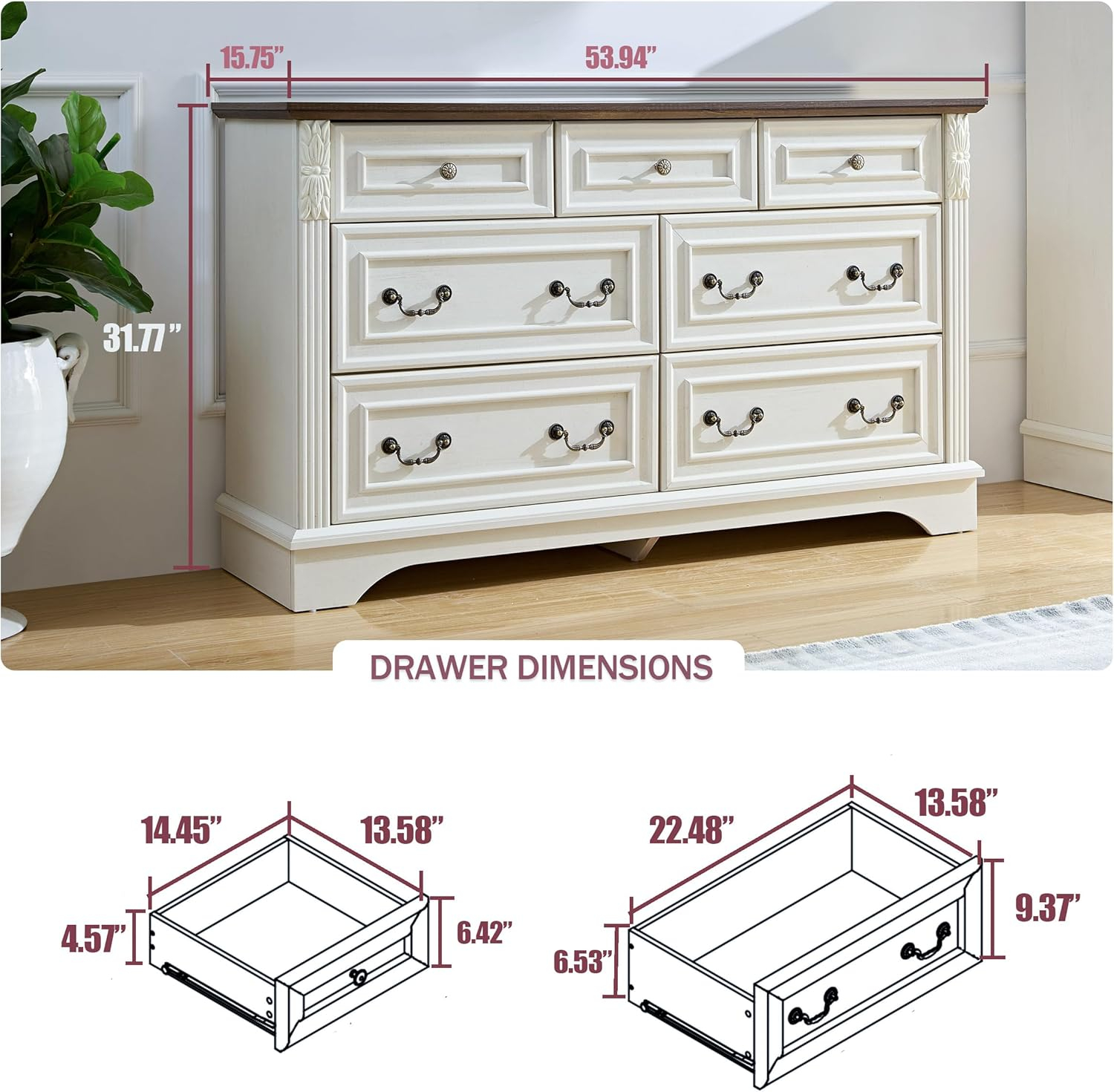 Farmhouse 7 Drawers Dresser, Dressers for Bedroom, 54" Wide Wood Rustic Chest of Drawers with Carved Pilasters, Storage Organizer, Living Room, Hallway, Antique White