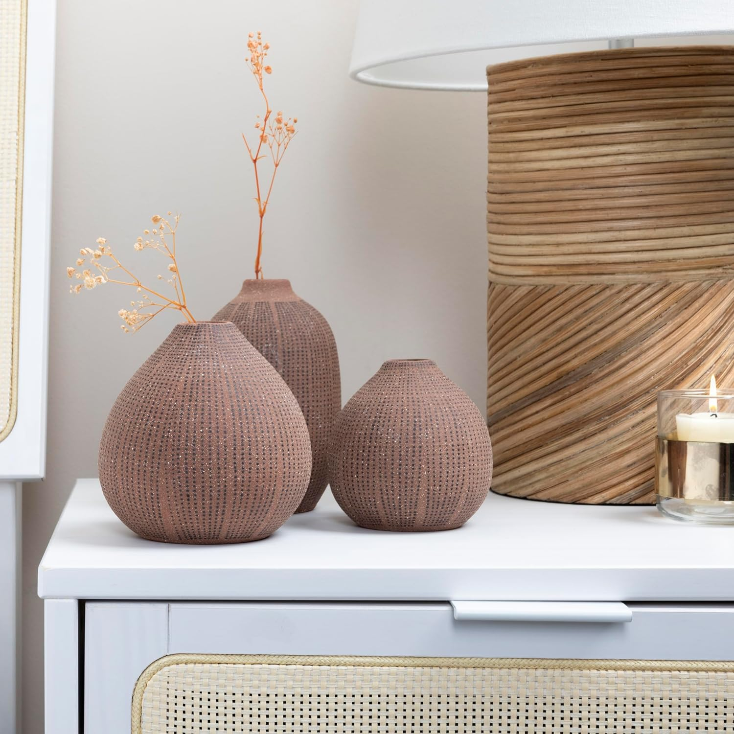 Creative Co-Op Decorative Textured Stoneware Vases, Set of 3, Blush