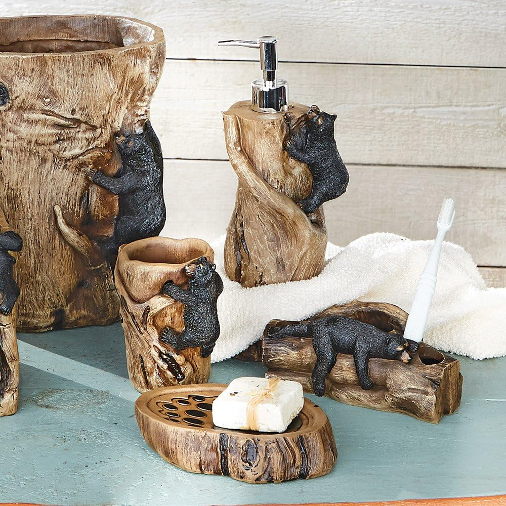 Rustic Lodge Polyresin Bath Set with Climbing Black Bears