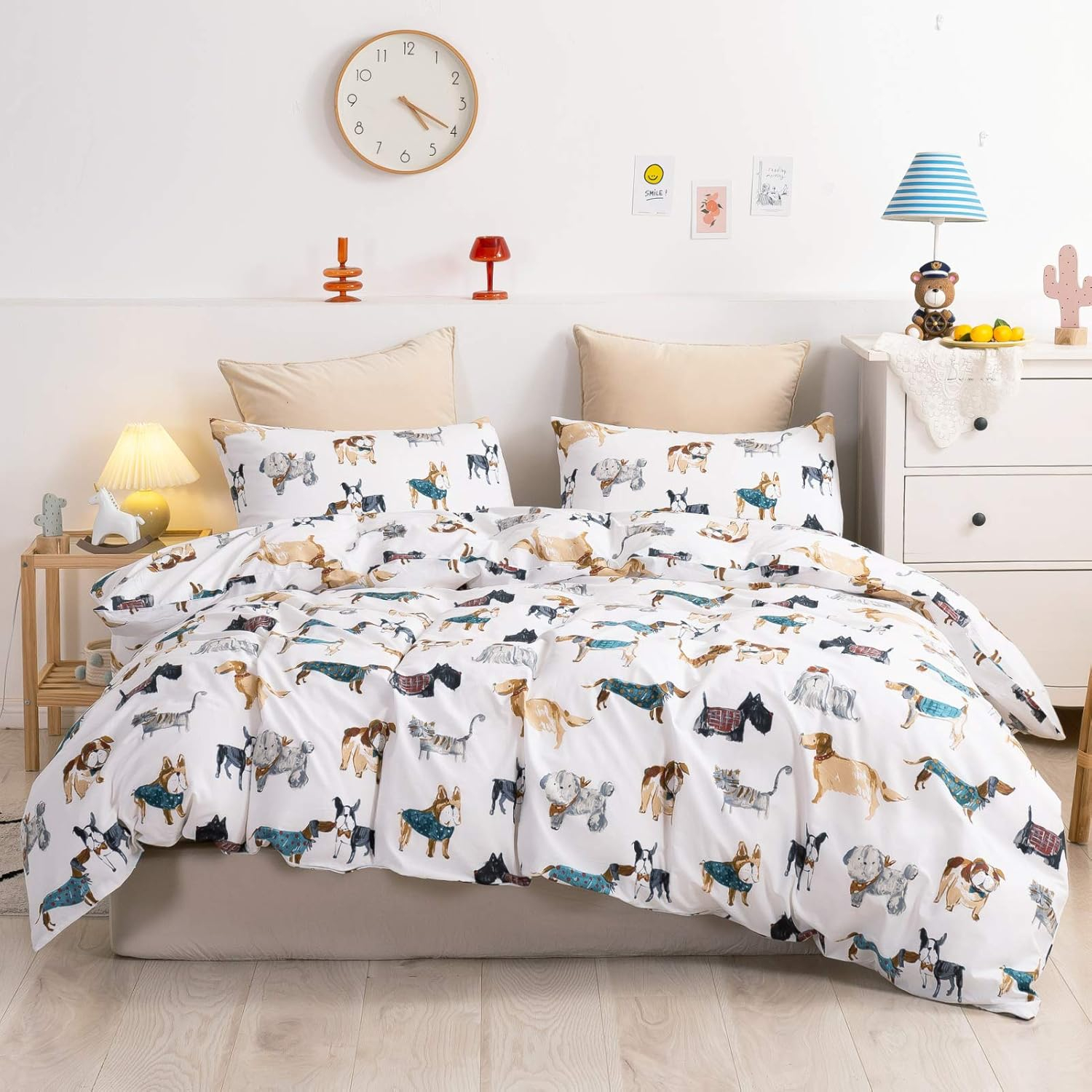 Ivellow 100% Cotton Queen Duvet Cover Set, Cartoon Dog Puppy Patterned Kids Duvet Cover for Boys Girls Soft Bedding Sets 3Pcs White Comforter Cover with Zipper Closure 2 Pillowcases, (No Comforter)