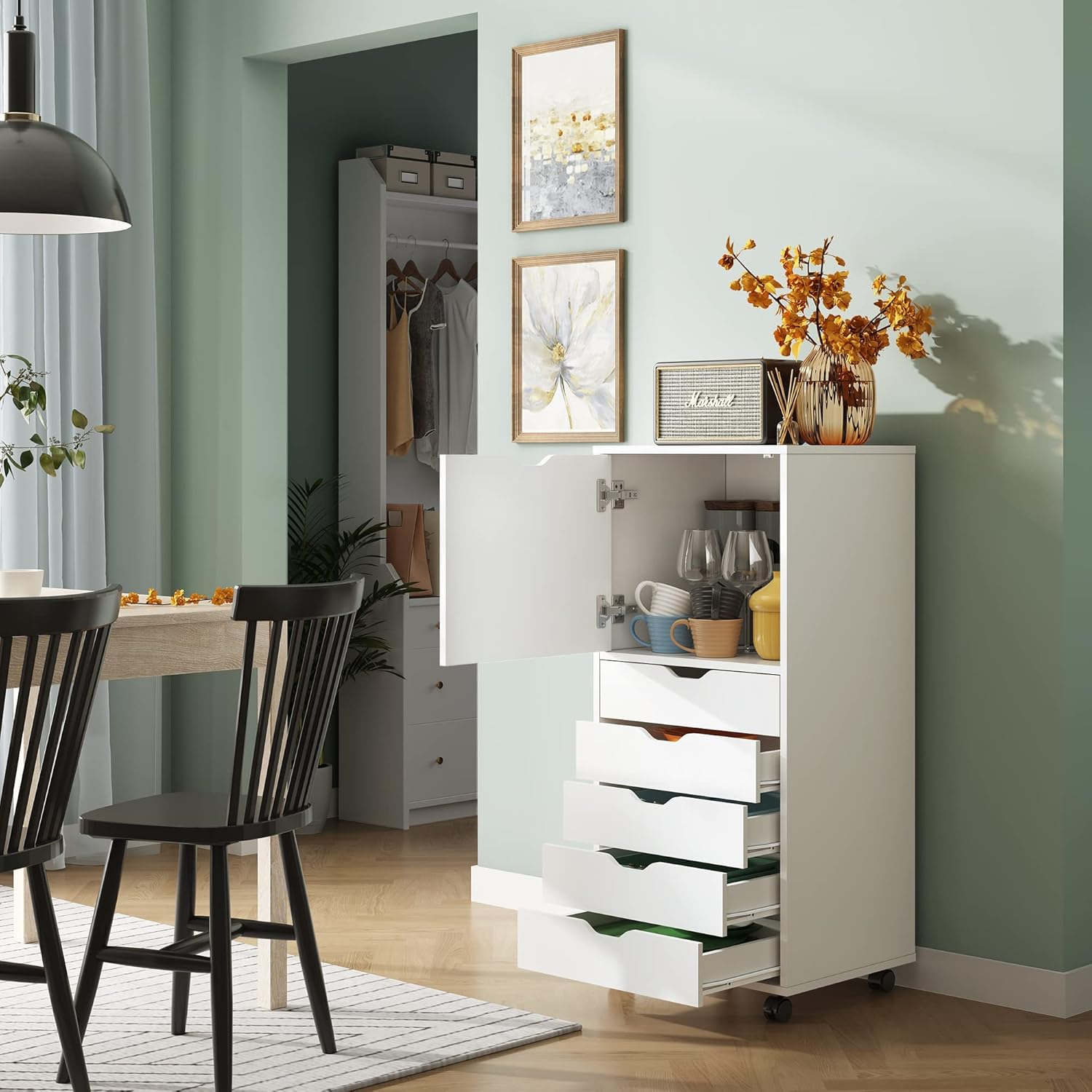 DEVAISE 5-Drawer Wood Dresser with Top Cabinet Storage, Mobile Chest of Drawers, Wide Storage Space for Home Office, White