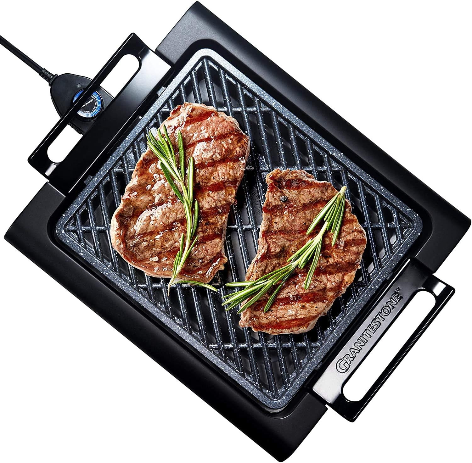 Granite Stone Indoor Nonstick Electric Smoke-Less Grill with Cool-Touch Handles and Adjustable Temperature Dial – Black, 16" x 14”