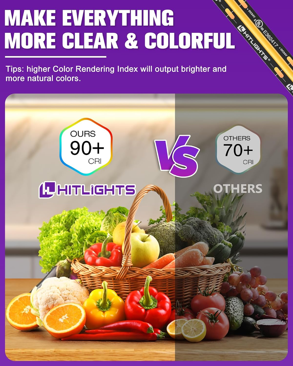 HitLights COB LED Strip Lights Warm White 3000K, 16.4ft Premium 12V Tape Light High Density, 2400 LEDs, 305+ LM/FT, CRI 90+, IP30, Lighting for Kitchen, Cabinets, UL Listed (Power Source Not Included)